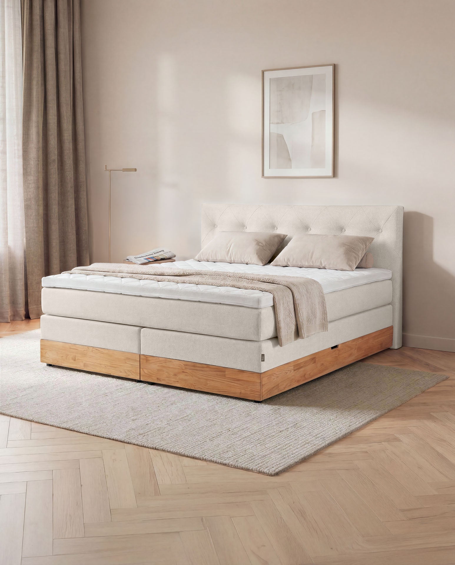 Boxspringbett 160x200 180x200 200x200 Beige Bett Bettkasten Eiche Holz Polsterbett Doppelbett Stauraumbett Bett mit Holzrahmen Schlafzimmer