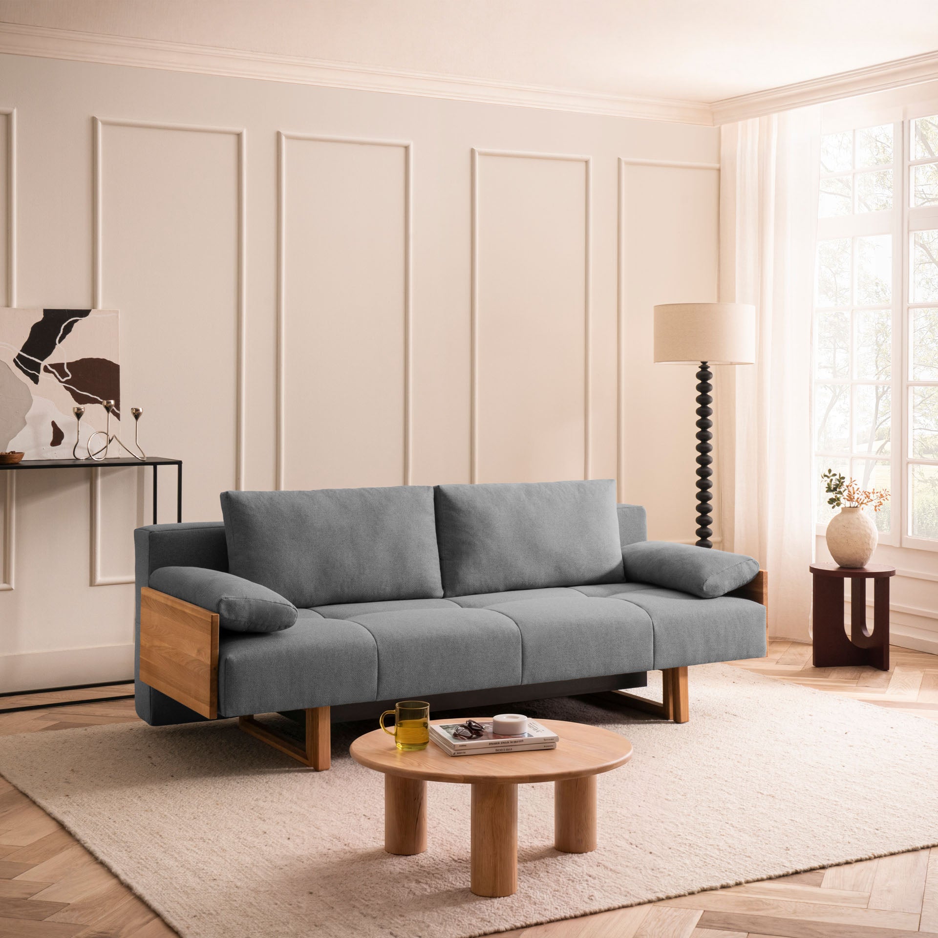 [SKU:1TAMINO203ANTSB] Schlafsofa Anthrazit Holzfüße Sofa mit Schlaffunktion Schlafcouch Bettkasten Schlafsofa mit Bettkasten