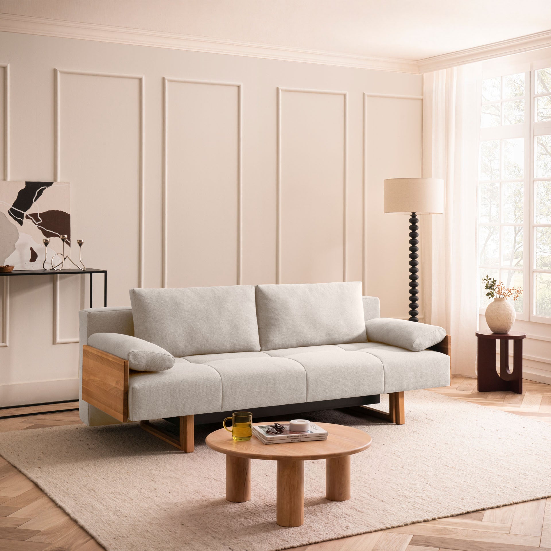 [SKU:1TAMINO203BEISB] Schlafsofa Beige Holzfüße Sofa mit Schlaffunktion Schlafcouch Bettkasten Schlafsofa mit Bettkasten