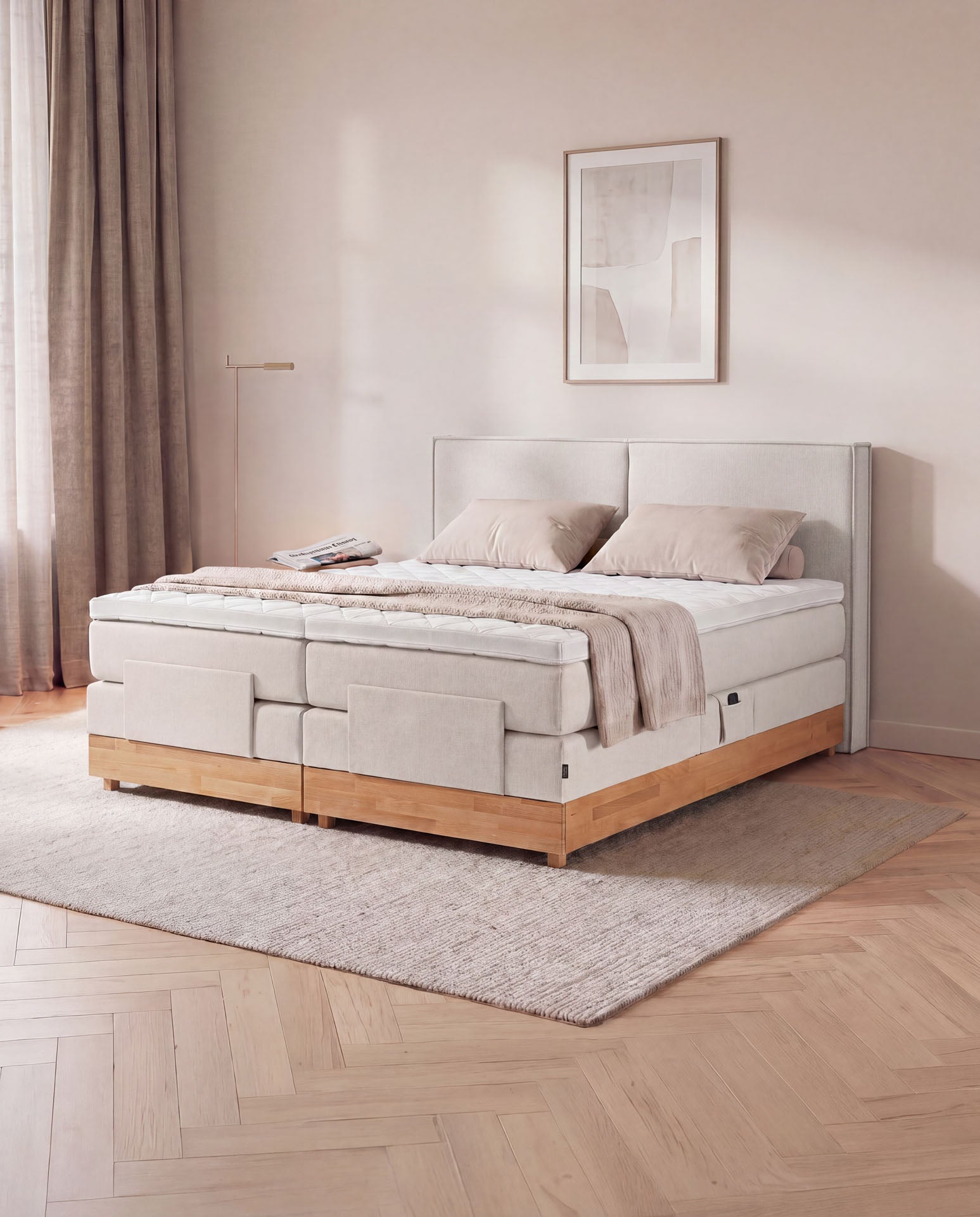 Boxspringbett elektrisch verstellbar Eiche 160x200 180x200 200x200 Beige Motorbett Bett mit Motor Holzrahmen Doppelbett