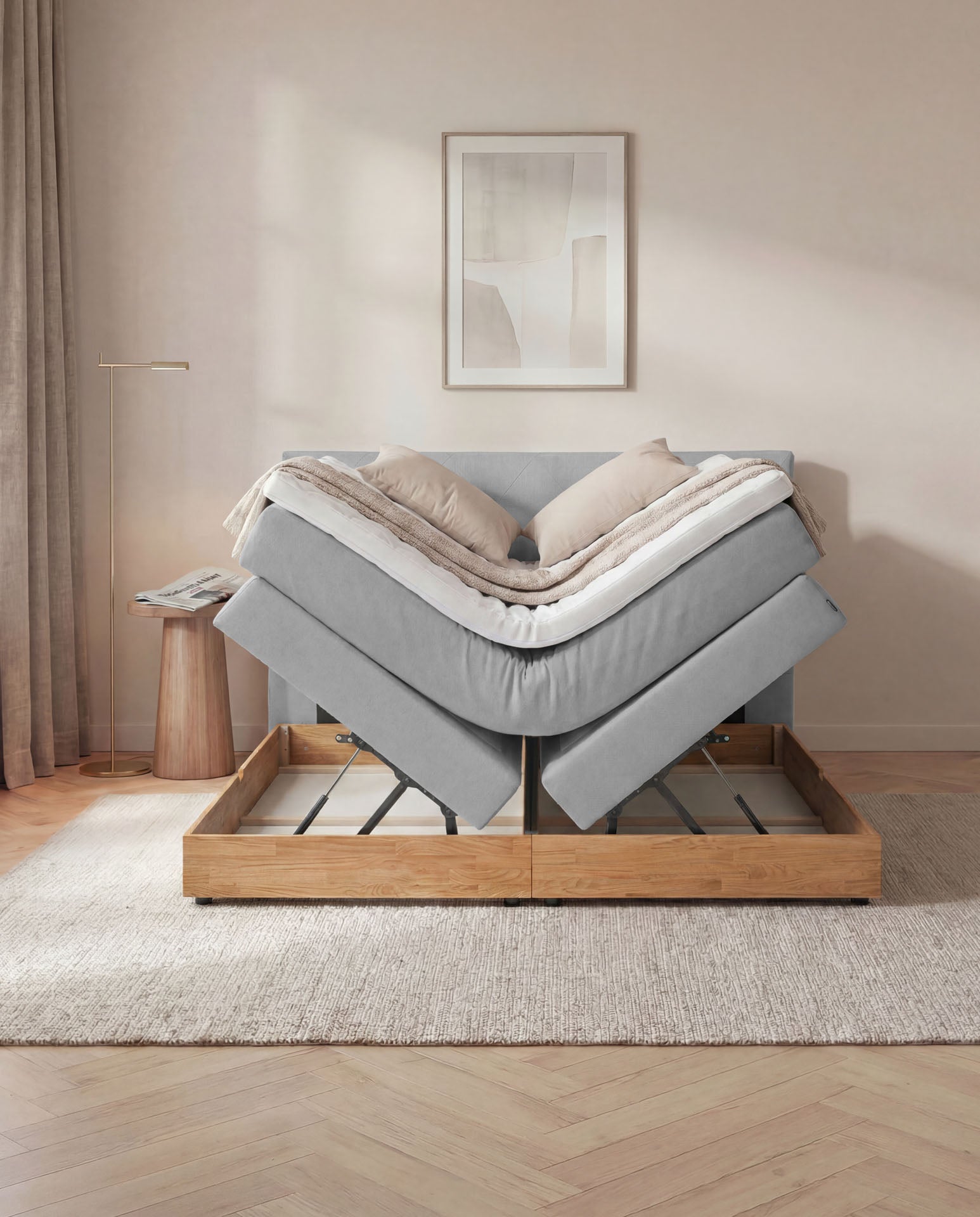 Boxspringbett 160x200 180x200 200x200 Hellgrau Bett Bettkasten Eiche Holz Polsterbett Doppelbett Stauraumbett Bett mit Holzrahmen Schlafzimmer