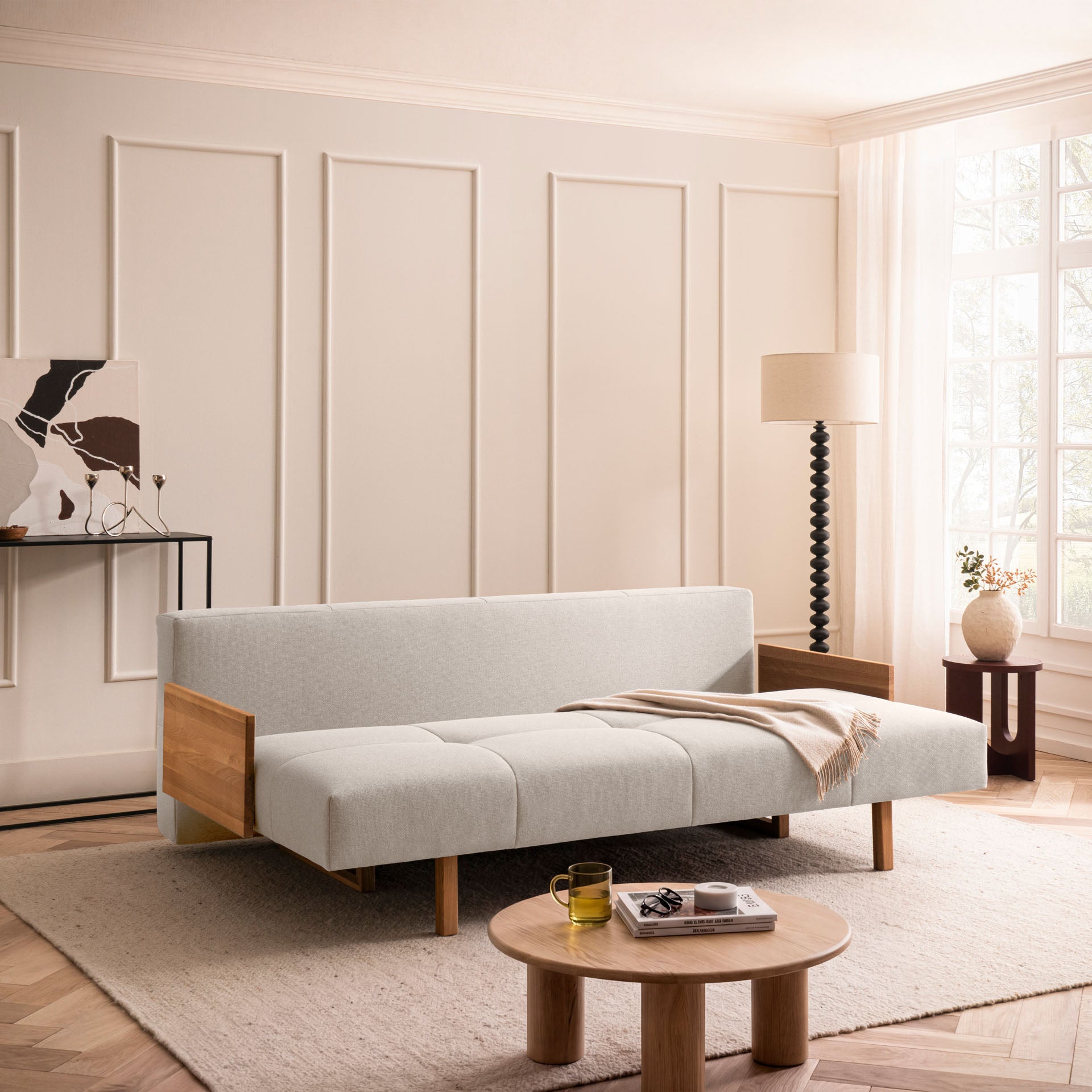 [SKU:1TAMINO203BEISB] Schlafsofa Beige Holzfüße Sofa mit Schlaffunktion Schlafcouch Bettkasten Schlafsofa mit Bettkasten