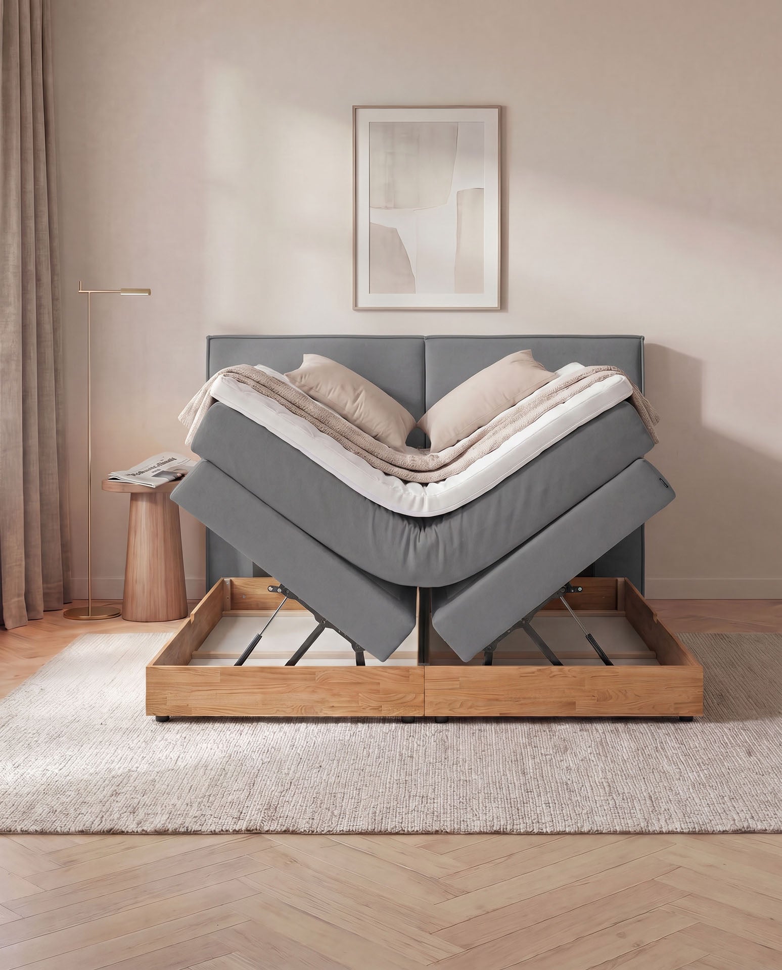 Boxspringbett mit Bettkasten Eiche 160x200 180x200 200x200 Anthrazit Bett Stauraum Holzrahmen Polsterbett Doppelbett