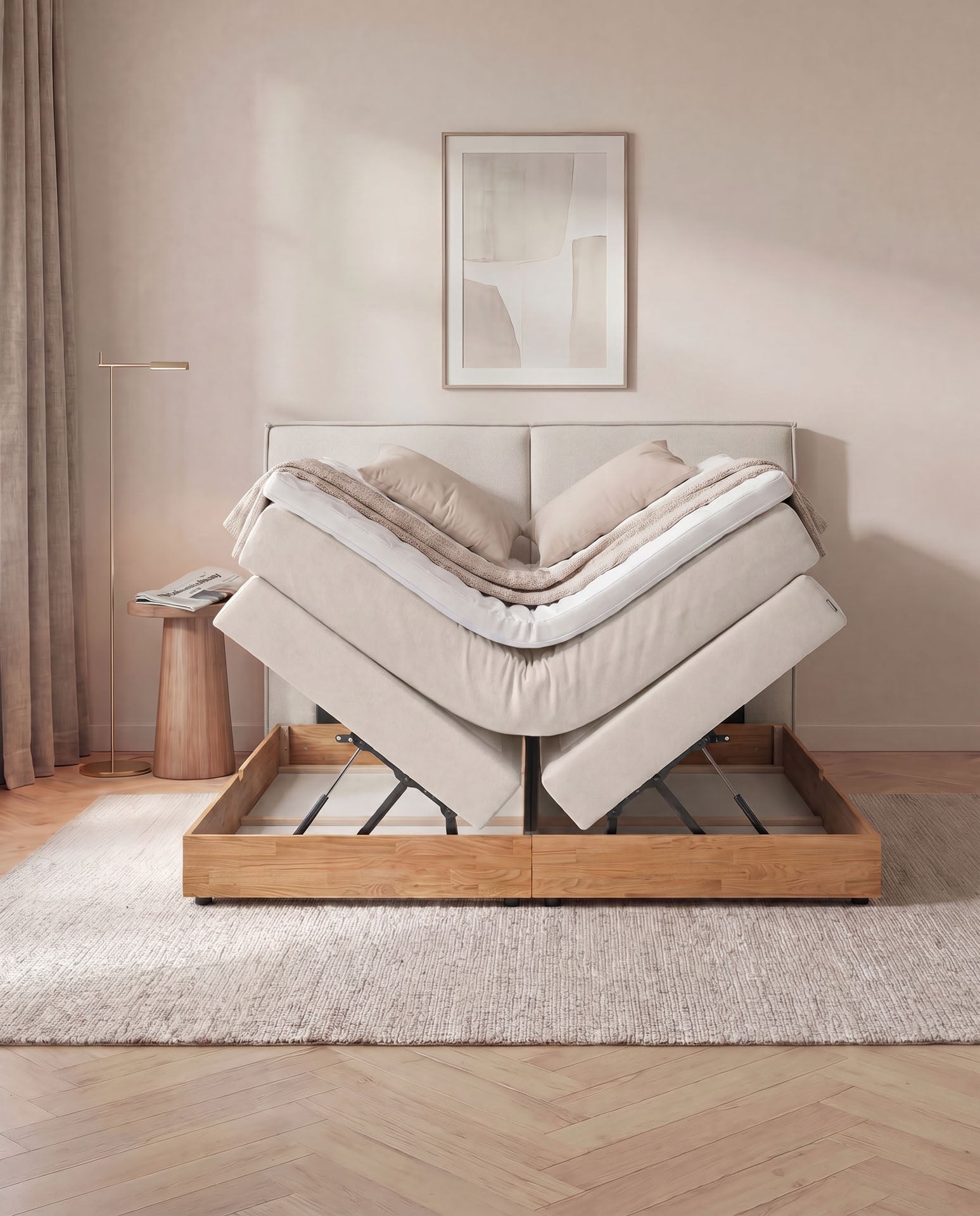Boxspringbett mit Bettkasten Eiche 160x200 180x200 200x200 Beige Bett Stauraum Holzrahmen Polsterbett Doppelbett