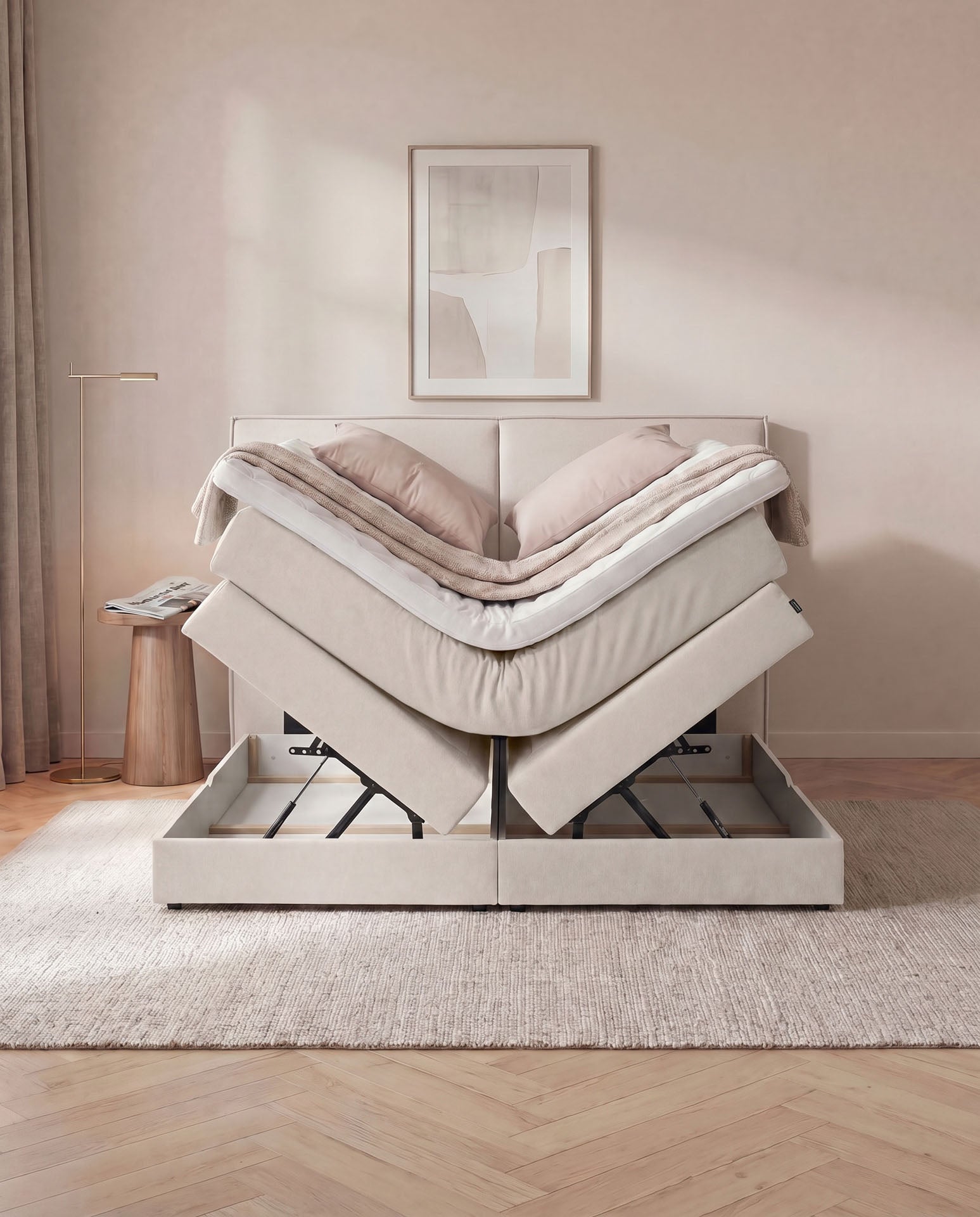 Boxspringbett mit Bettkasten 160x200 180x200 200x200 Beige Bett Stauraum Polsterbett Doppelbett Boxspring Bett