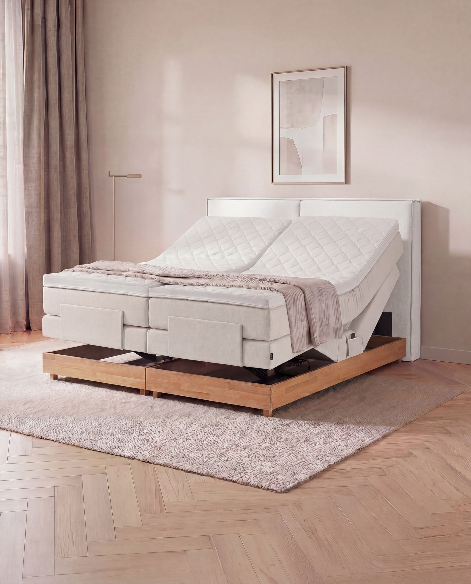 Boxspringbett elektrisch verstellbar Eiche 160x200 180x200 200x200 Beige Motorbett Bett mit Motor Holzrahmen Doppelbett