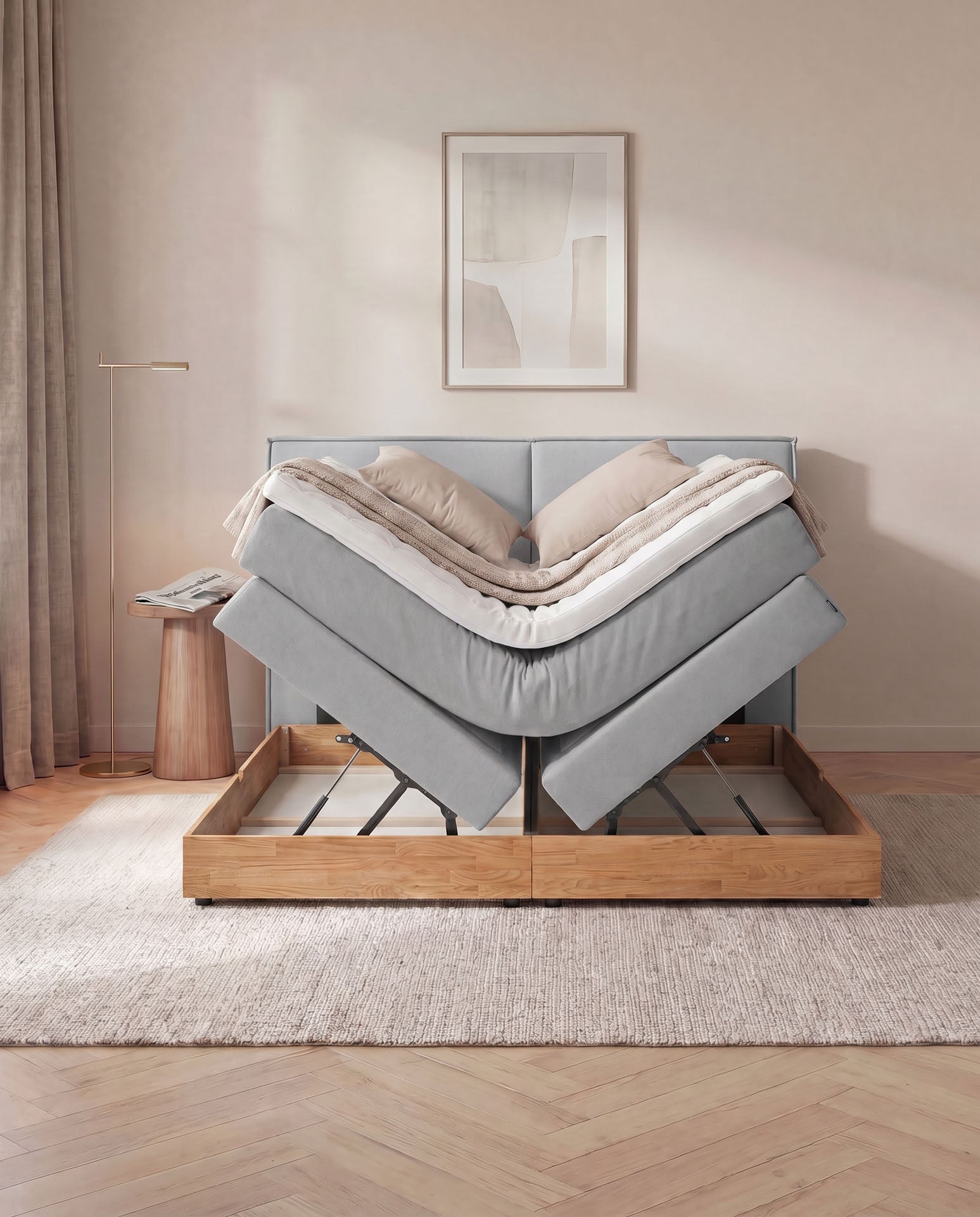 Boxspringbett mit Bettkasten Eiche 160x200 180x200 200x200 Hellgrau Bett Stauraum Holzrahmen Polsterbett Doppelbett