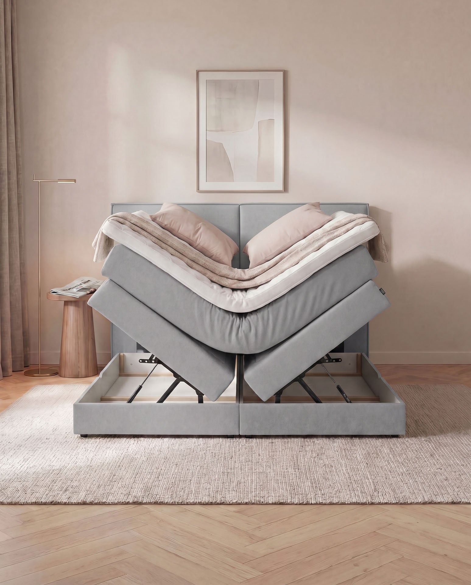 Boxspringbett mit Bettkasten 160x200 180x200 200x200 Hellgrau Bett Stauraum Polsterbett Doppelbett Boxspring Bett
