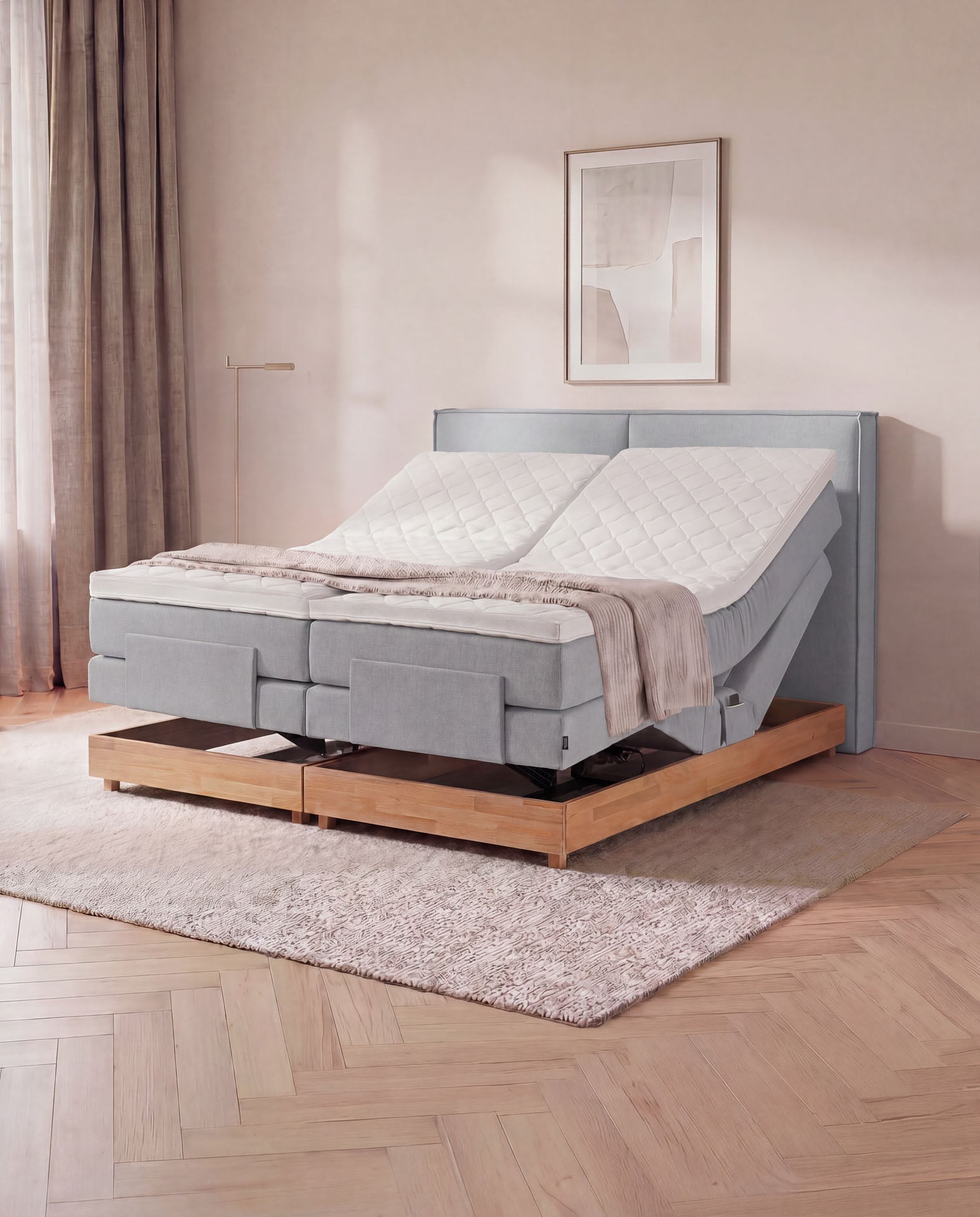 Boxspringbett elektrisch verstellbar Eiche 160x200 180x200 200x200 Hellgrau Motorbett Bett mit Motor Holzrahmen Doppelbett