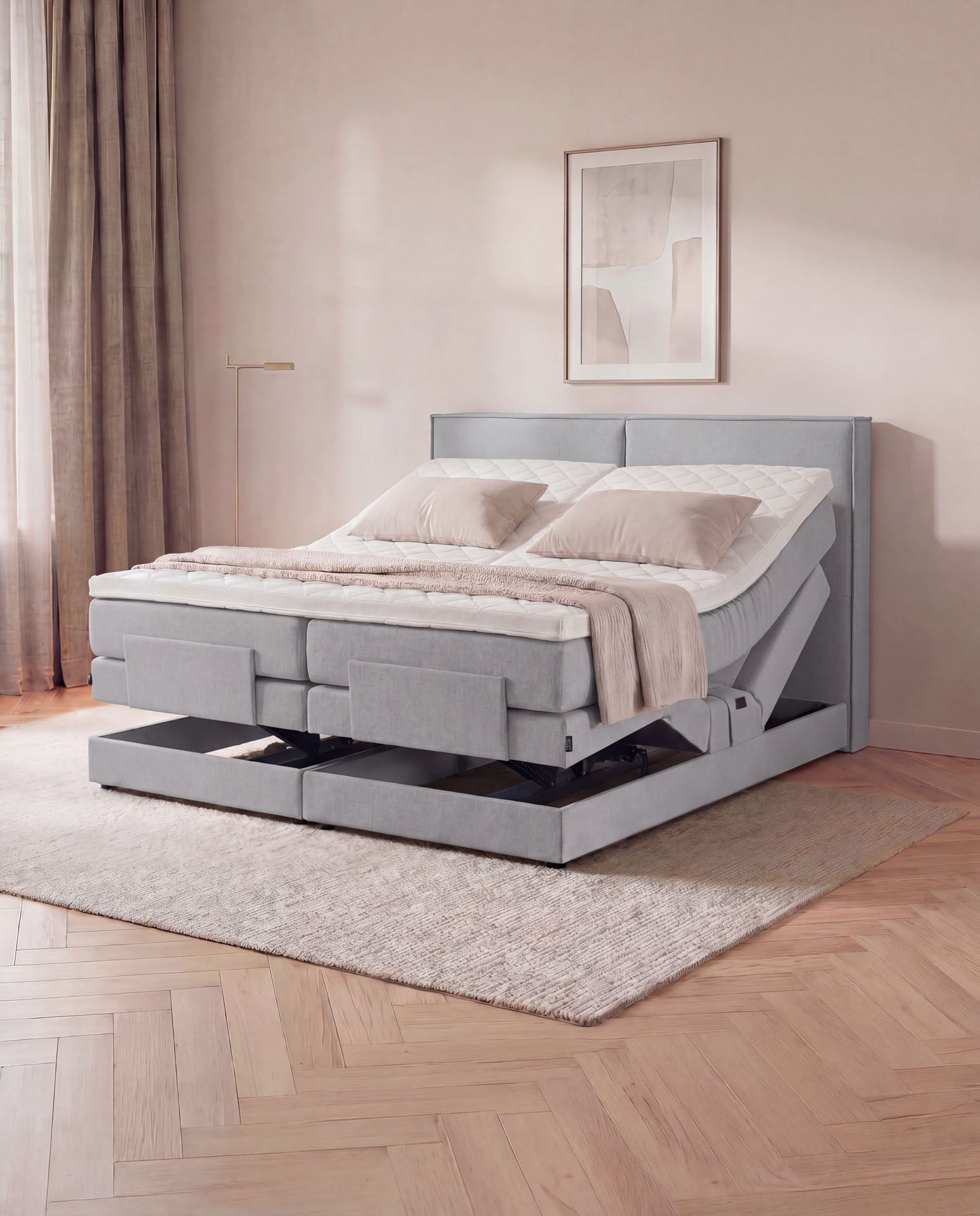 Boxspringbett elektrisch verstellbar 160x200 180x200 200x200 Hellgrau Motorbett Bett mit Motor Polsterbett Doppelbett