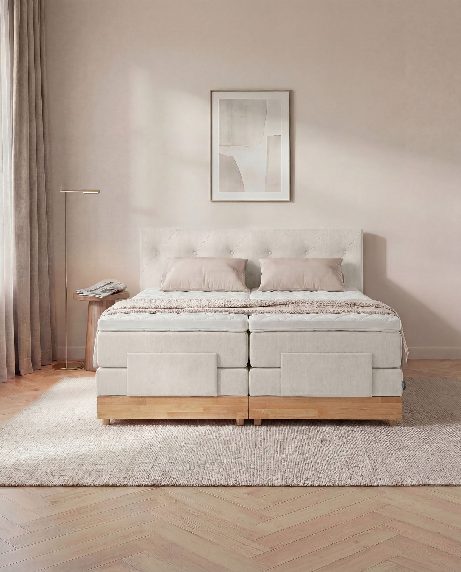 Boxspringbett 160x200 180x200 200x200 Beige Bett elektrisch verstellbar Eiche Holz Motorbett Bett mit Motor Polsterbett Doppelbett Bett verstellbar Schlafzimmer