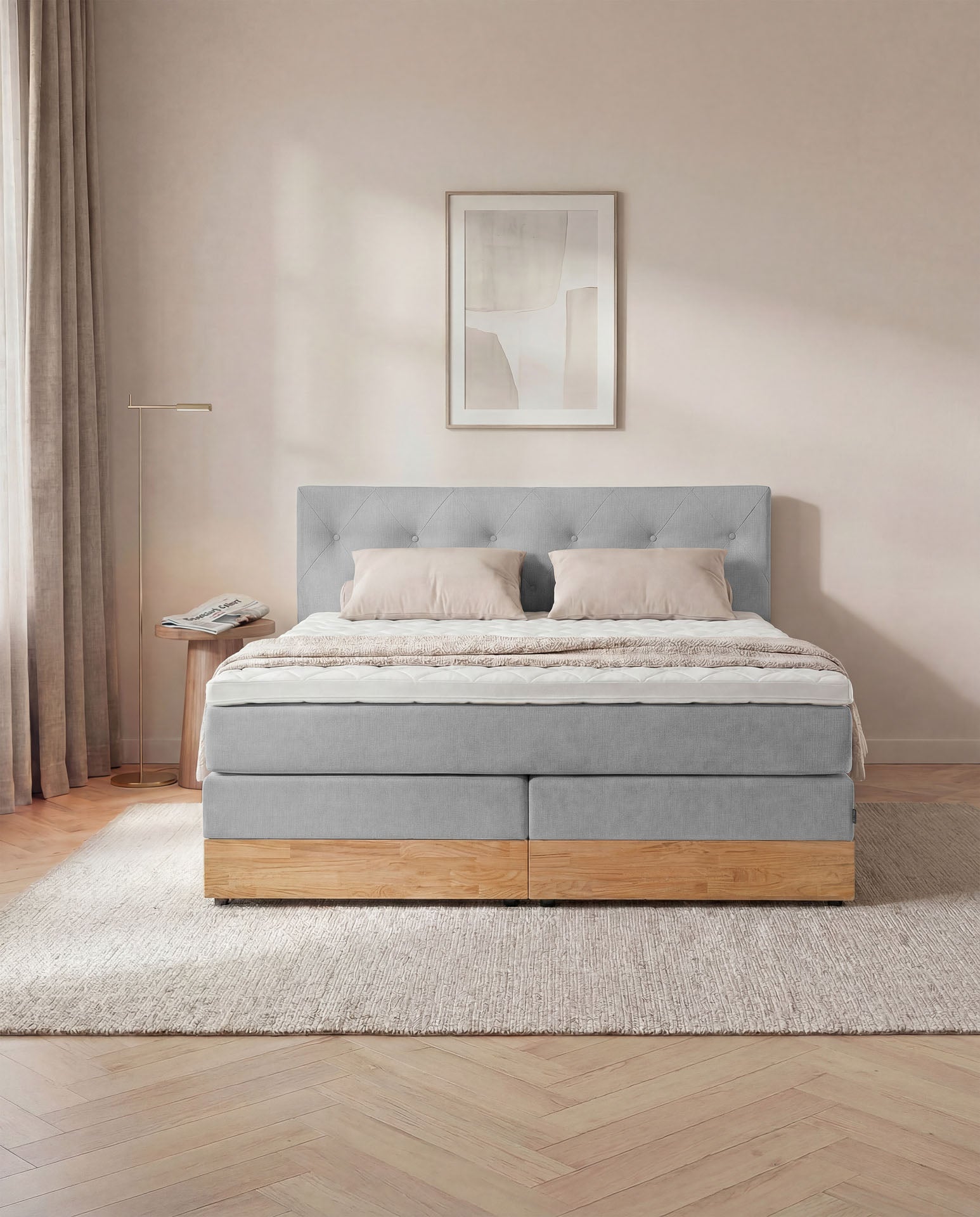 Boxspringbett 160x200 180x200 200x200 Hellgrau Bett Bettkasten Eiche Holz Polsterbett Doppelbett Stauraumbett Bett mit Holzrahmen Schlafzimmer
