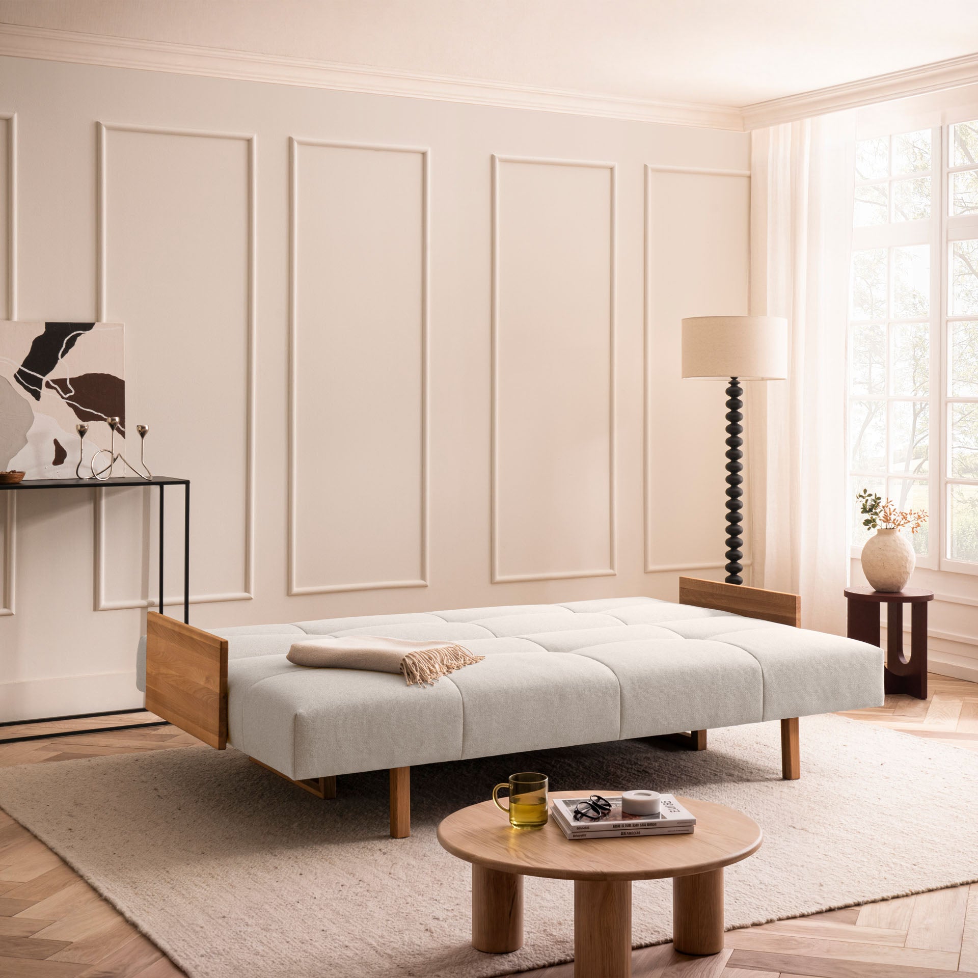 [SKU:1TAMINO203BEISB] Schlafsofa Beige Holzfüße Sofa mit Schlaffunktion Schlafcouch Bettkasten Schlafsofa mit Bettkasten