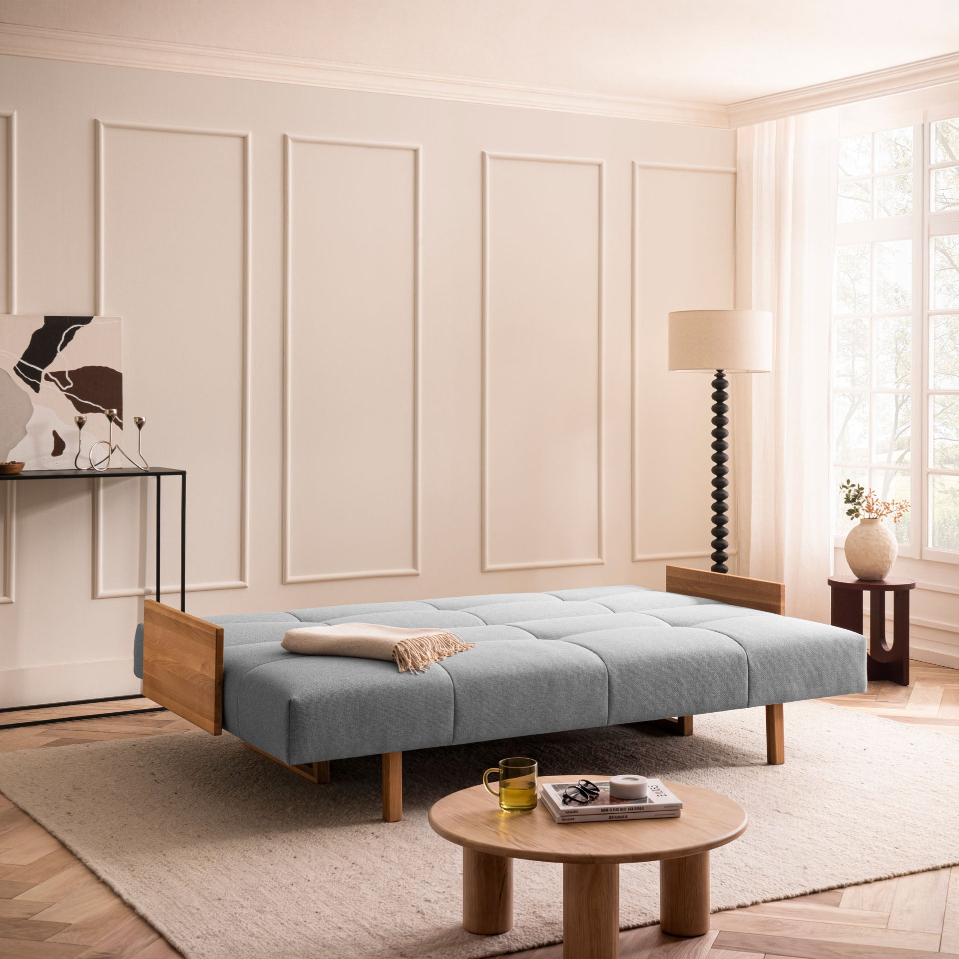 [SKU:1TAMINO203HGRSB] Schlafsofa Hellgrau Holzfüße Sofa mit Schlaffunktion Schlafcouch Bettkasten Schlafsofa mit Bettkasten