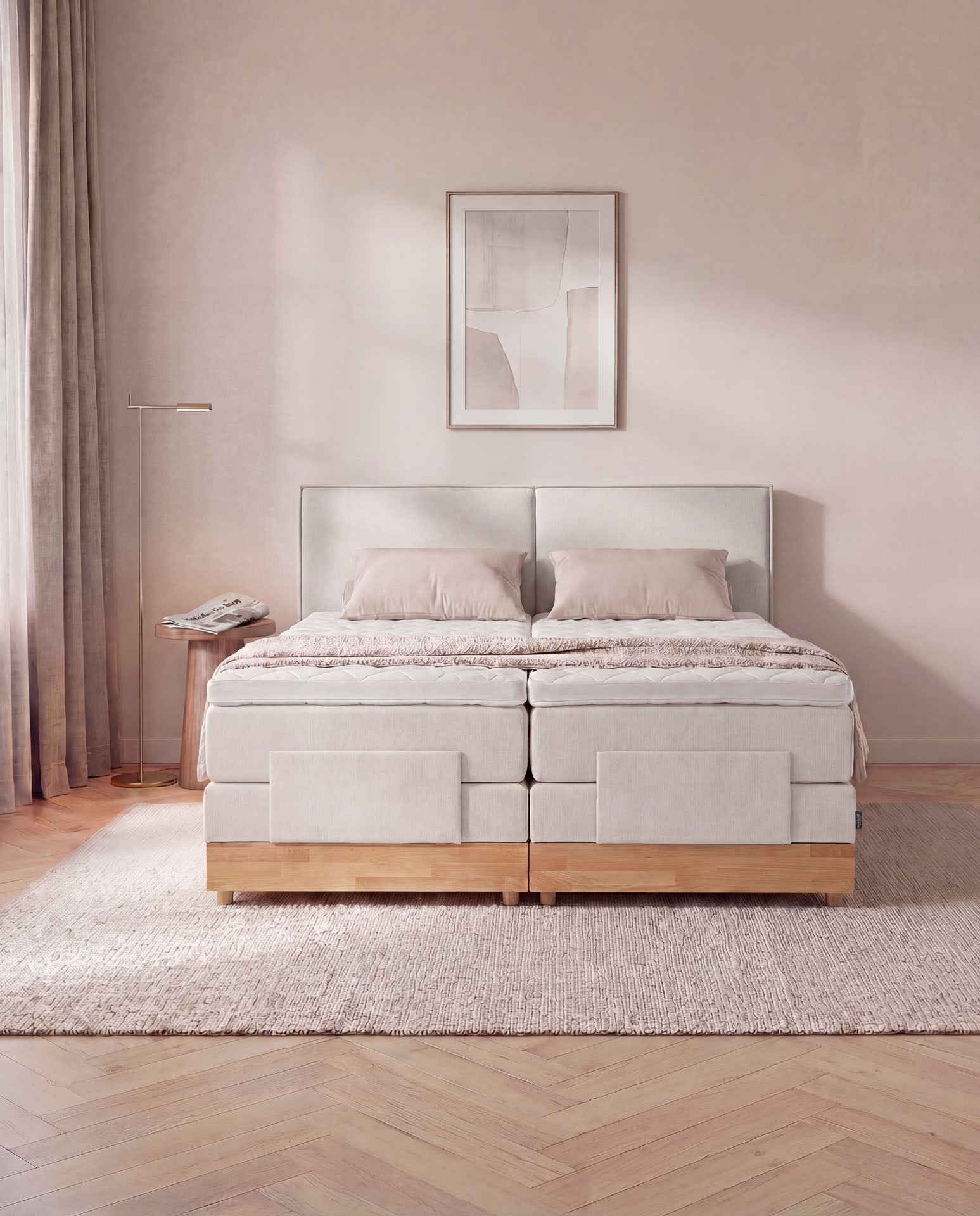 Boxspringbett elektrisch verstellbar Eiche 160x200 180x200 200x200 Beige Motorbett Bett mit Motor Holzrahmen Doppelbett