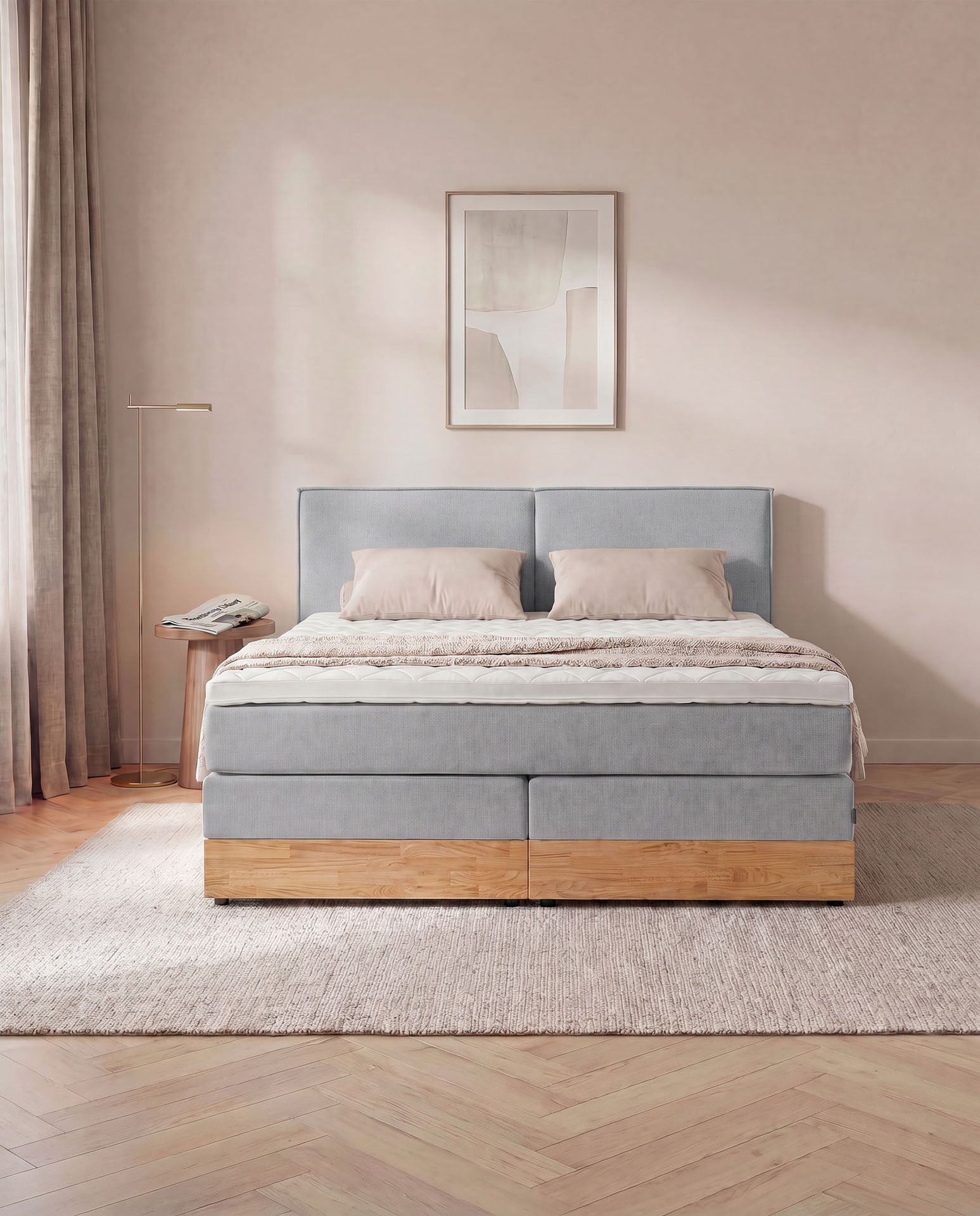 Boxspringbett mit Bettkasten Eiche 160x200 180x200 200x200 Hellgrau Bett Stauraum Holzrahmen Polsterbett Doppelbett