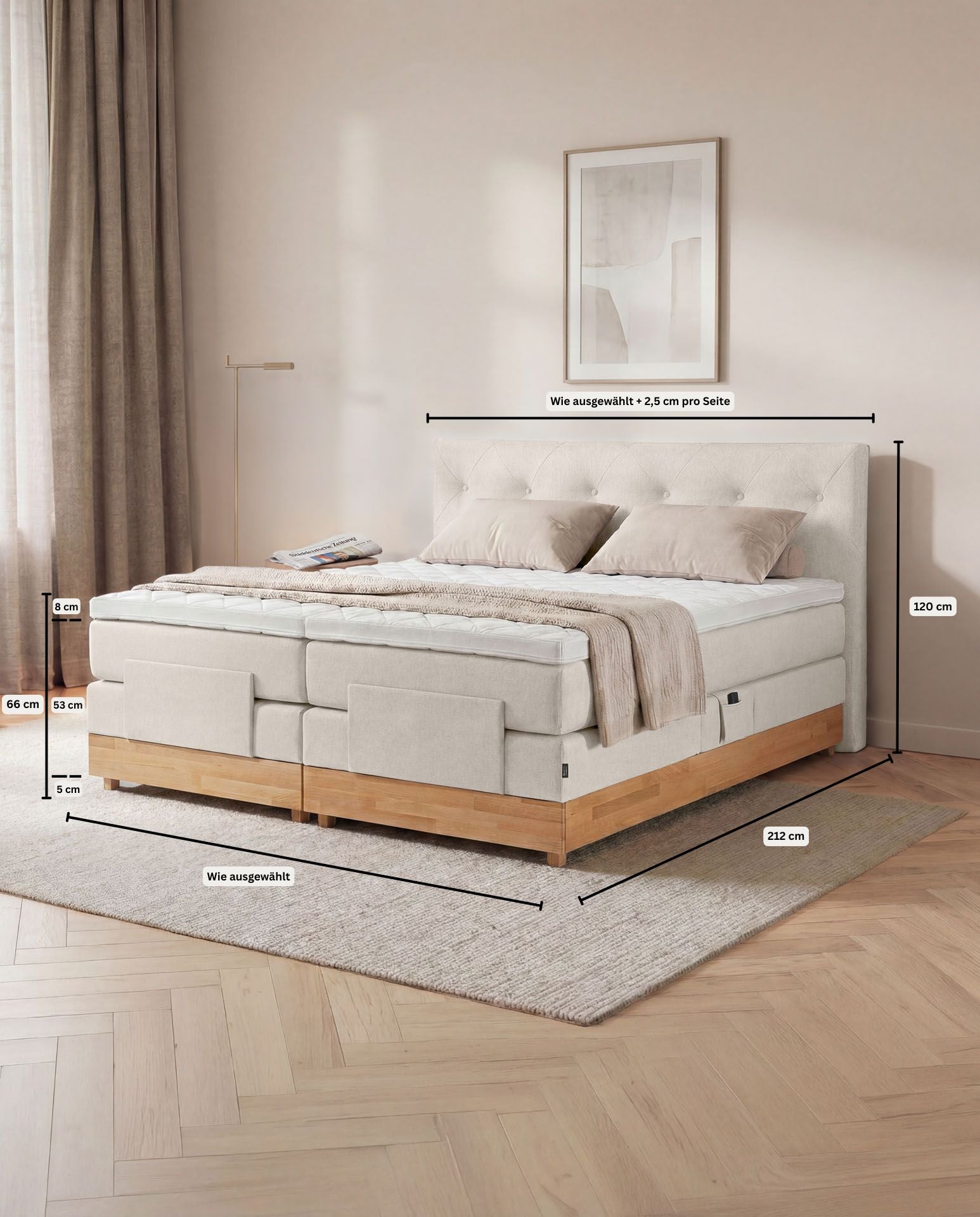 [SKU:3ABI16BEIEVE,3ABI18BEIEVE,3ABI20BEIEVE] Boxspringbett 160x200 180x200 200x200 Beige Bett elektrisch verstellbar Eiche Holz Motorbett Bett mit Motor Polsterbett Doppelbett Bett verstellbar Schlafzimmer