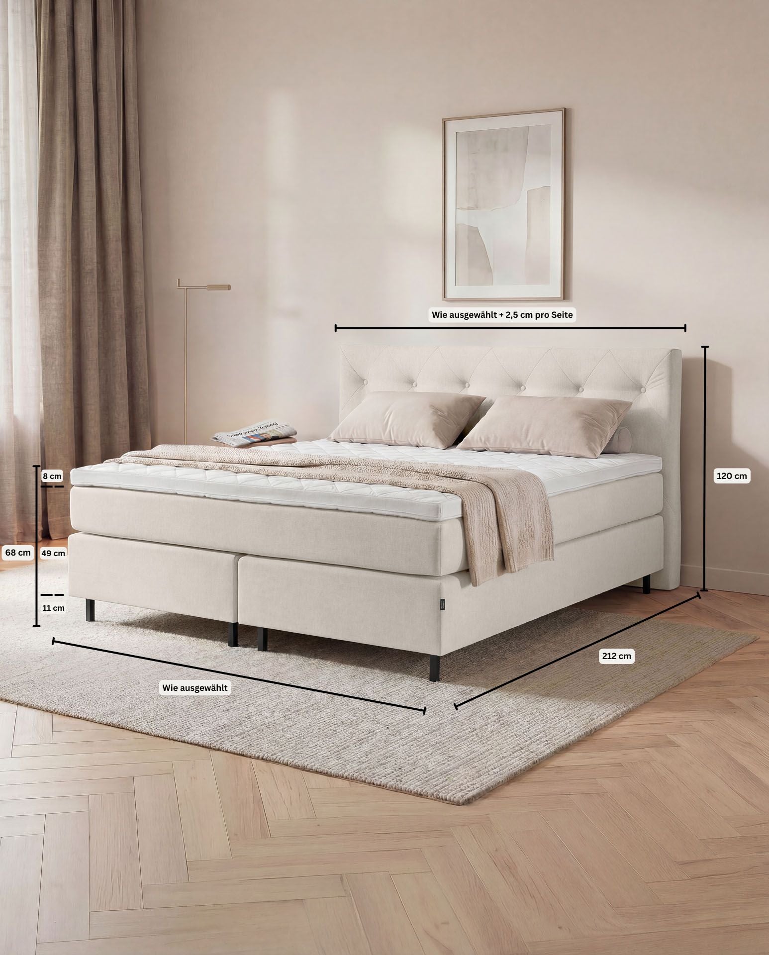 [SKU:3ABI16BEINB,3ABI18BEINB,3ABI20BEINB] Boxspringbett 160x200 180x200 200x200 Beige Bett Polsterbett Doppelbett Boxspring Bett creme Schlafzimmer