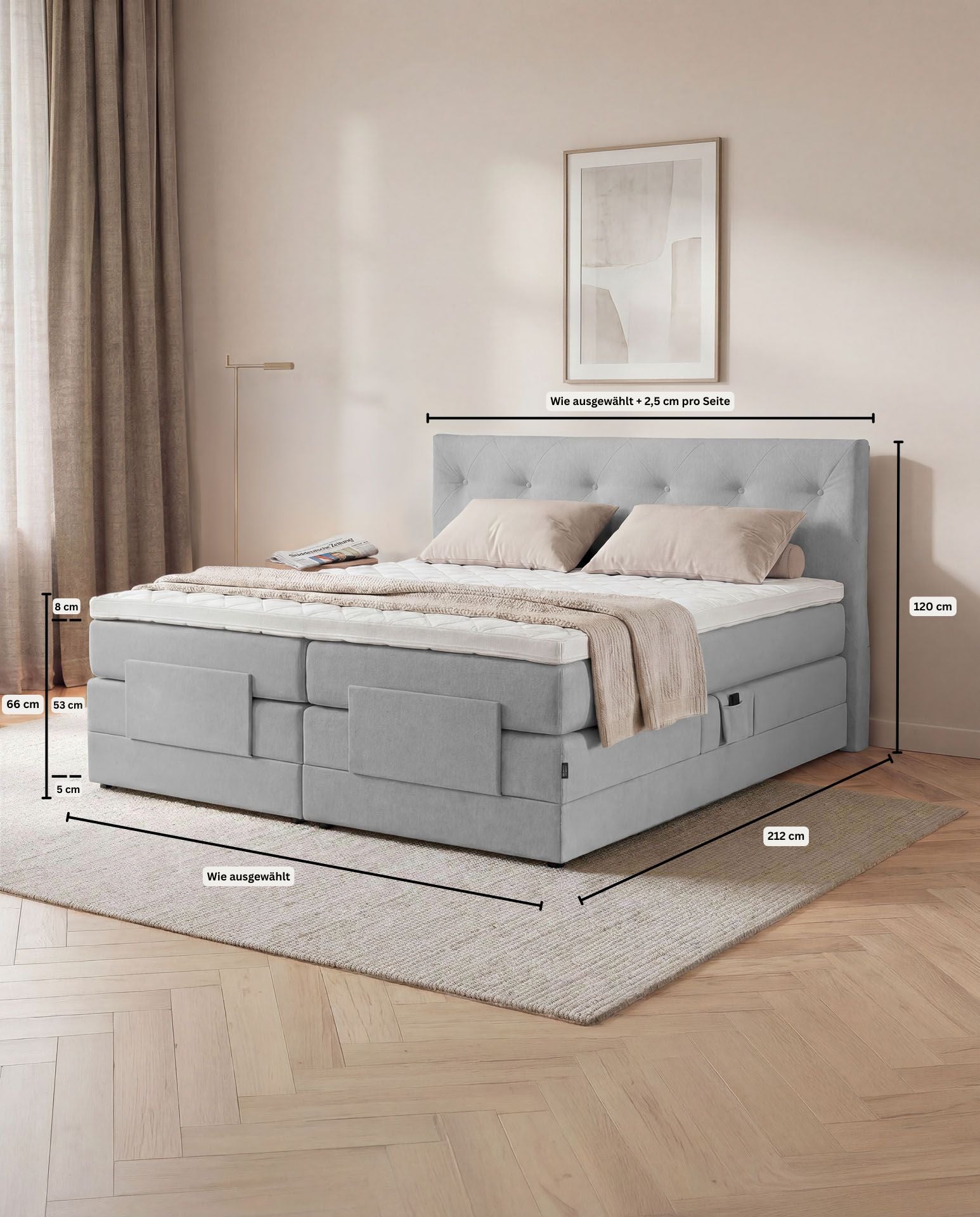[SKU:3ABI16HGREV,3ABI18HGREV,3ABI20HGREV] Boxspringbett 160x200 180x200 200x200 Hellgrau Bett elektrisch verstellbar Motorbett Bett mit Motor Polsterbett Doppelbett Bett verstellbar Schlafzimmer