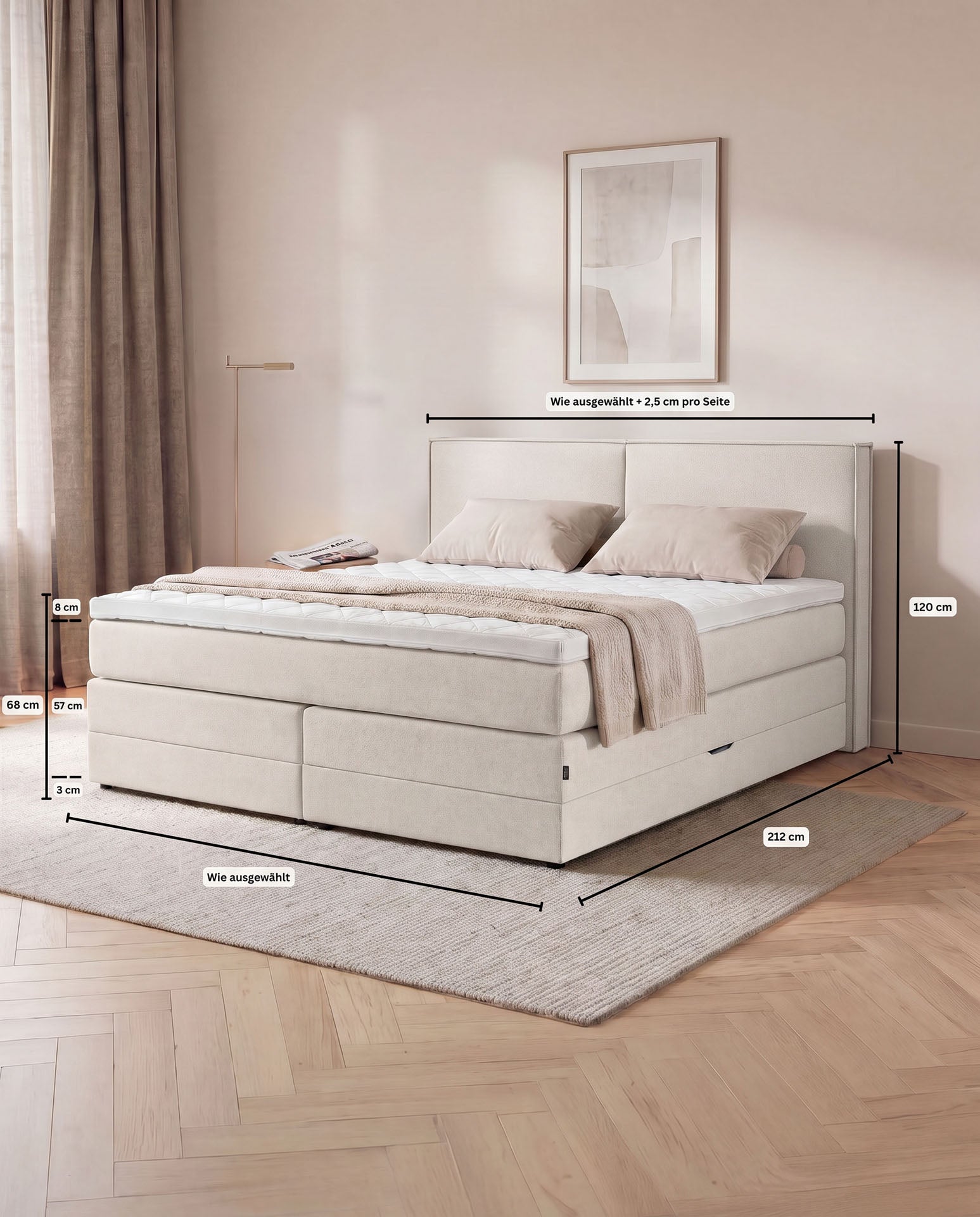 Boxspringbett mit Bettkasten 160x200 180x200 200x200 Beige Bett Stauraum Polsterbett Doppelbett Boxspring Bett