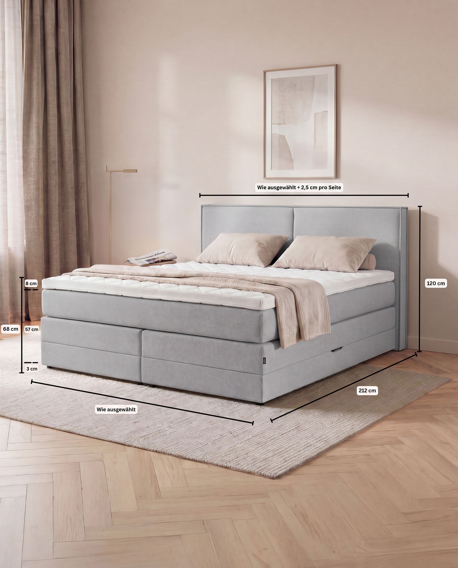 Boxspringbett mit Bettkasten 160x200 180x200 200x200 Hellgrau Bett Stauraum Polsterbett Doppelbett Boxspring Bett