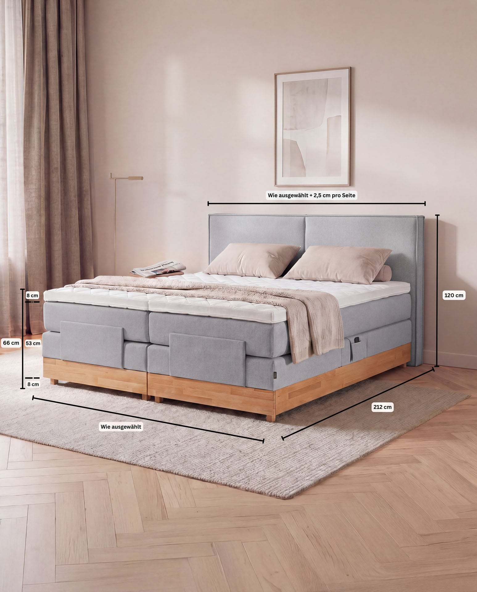 Boxspringbett elektrisch verstellbar Eiche 160x200 180x200 200x200 Hellgrau Motorbett Bett mit Motor Holzrahmen Doppelbett