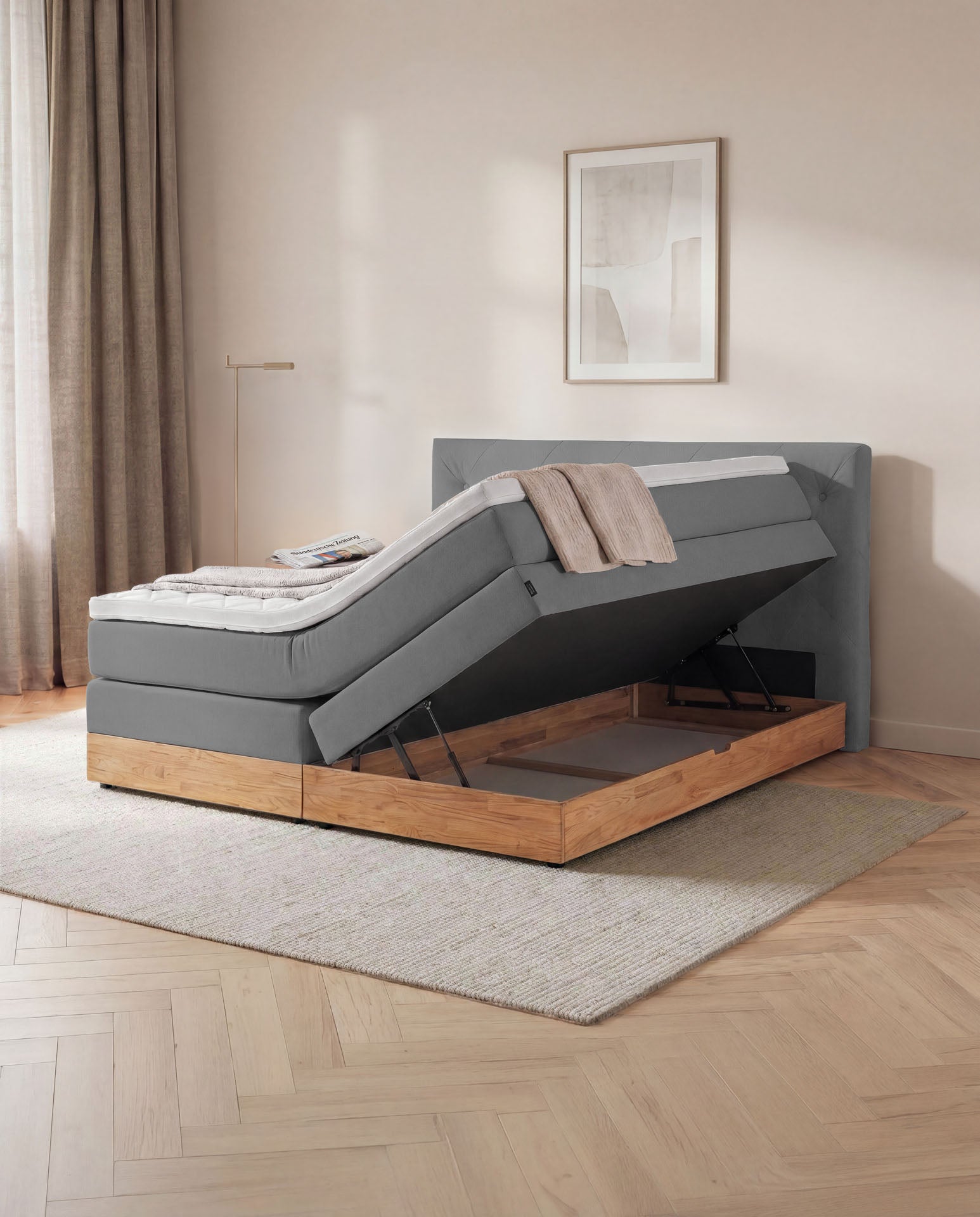 Boxspringbett 160x200 180x200 200x200 Anthrazit Bett Bettkasten Eiche Holz Polsterbett Doppelbett Stauraumbett Bett mit Holzrahmen Schlafzimmer