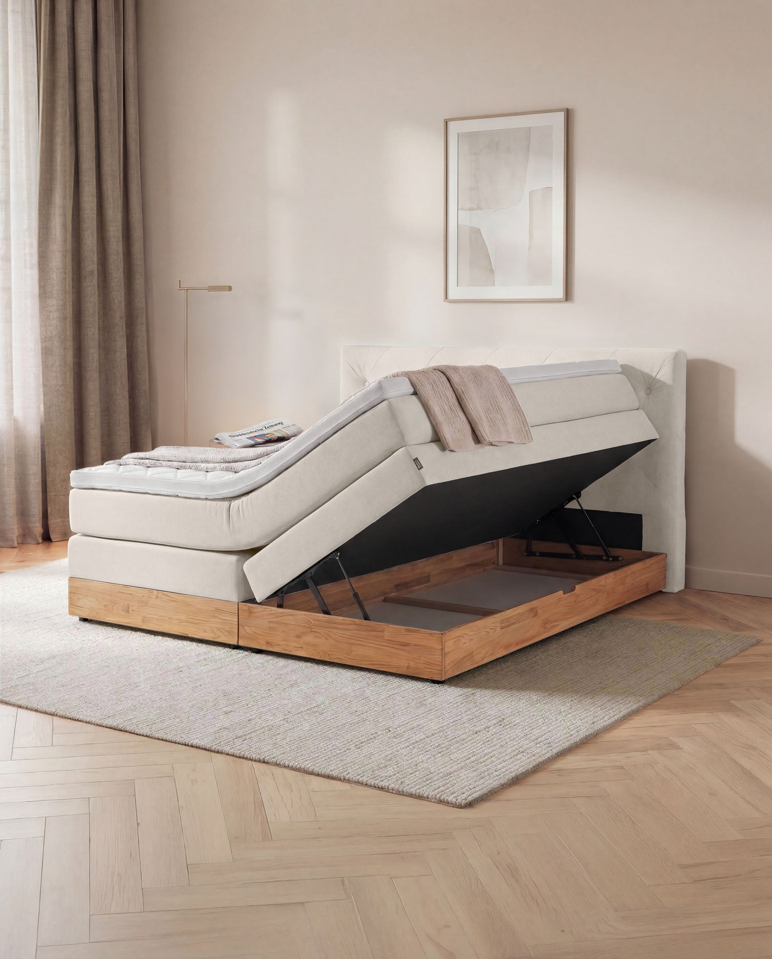Boxspringbett 160x200 180x200 200x200 Beige Bett Bettkasten Eiche Holz Polsterbett Doppelbett Stauraumbett Bett mit Holzrahmen Schlafzimmer