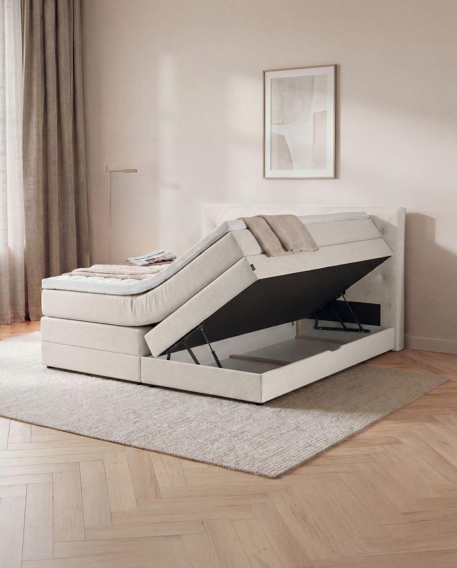 Boxspringbett 160x200 180x200 200x200 Beige Bett Bettkasten Polsterbett Doppelbett Stauraumbett Bett mit Stauraum Schlafzimmer
