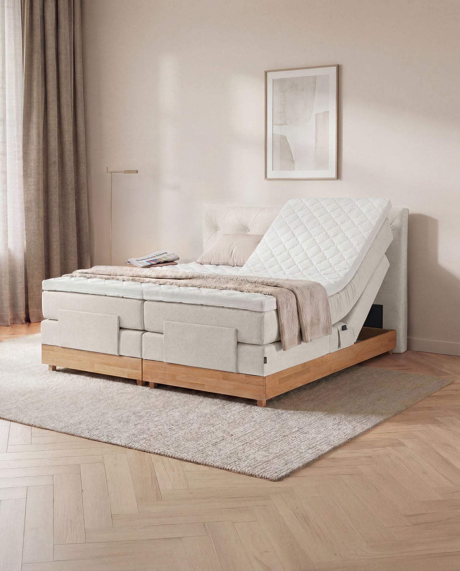 Boxspringbett 160x200 180x200 200x200 Beige Bett elektrisch verstellbar Eiche Holz Motorbett Bett mit Motor Polsterbett Doppelbett Bett verstellbar Schlafzimmer