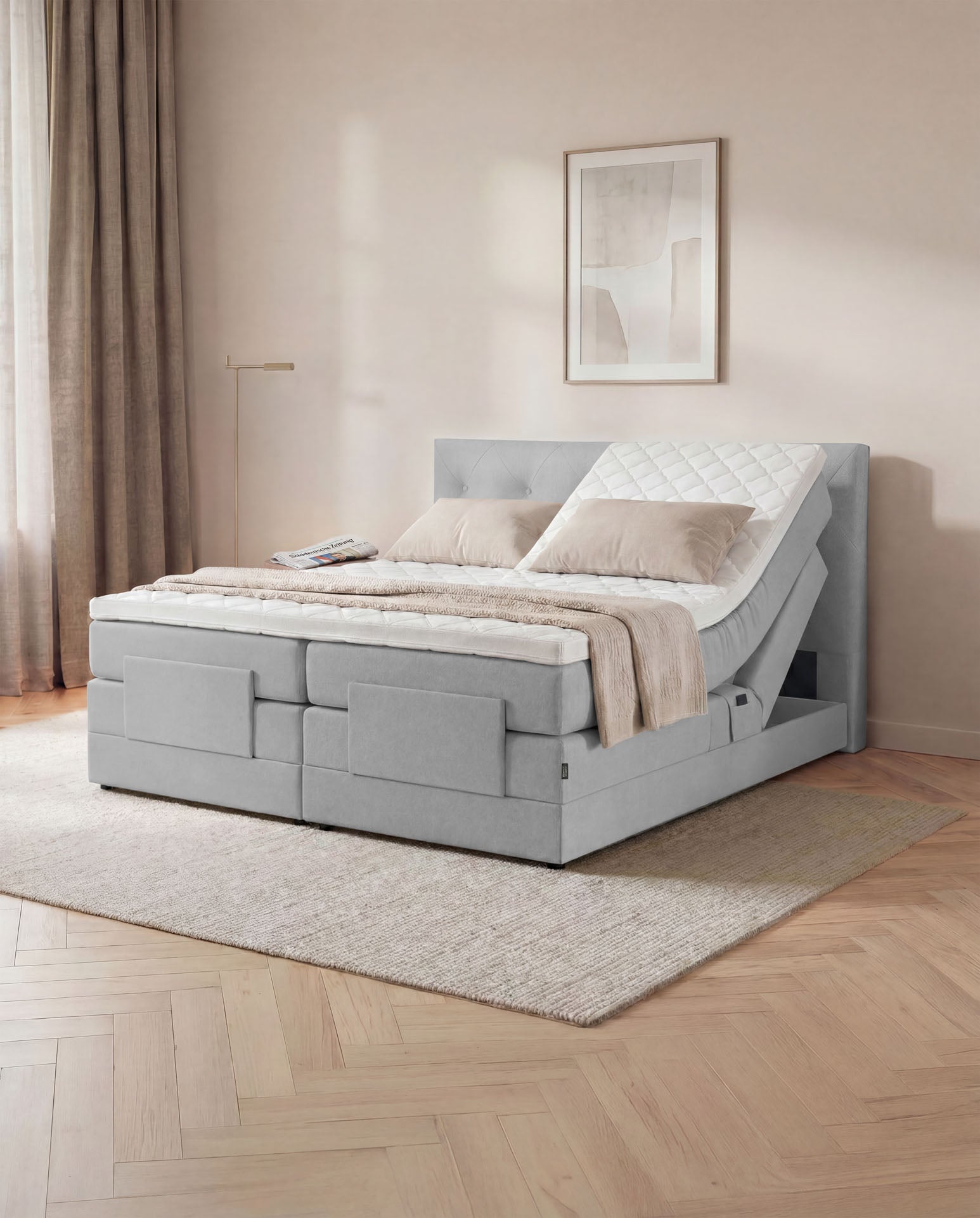 Boxspringbett 160x200 180x200 200x200 Hellgrau Bett elektrisch verstellbar Motorbett Bett mit Motor Polsterbett Doppelbett Bett verstellbar Schlafzimmer