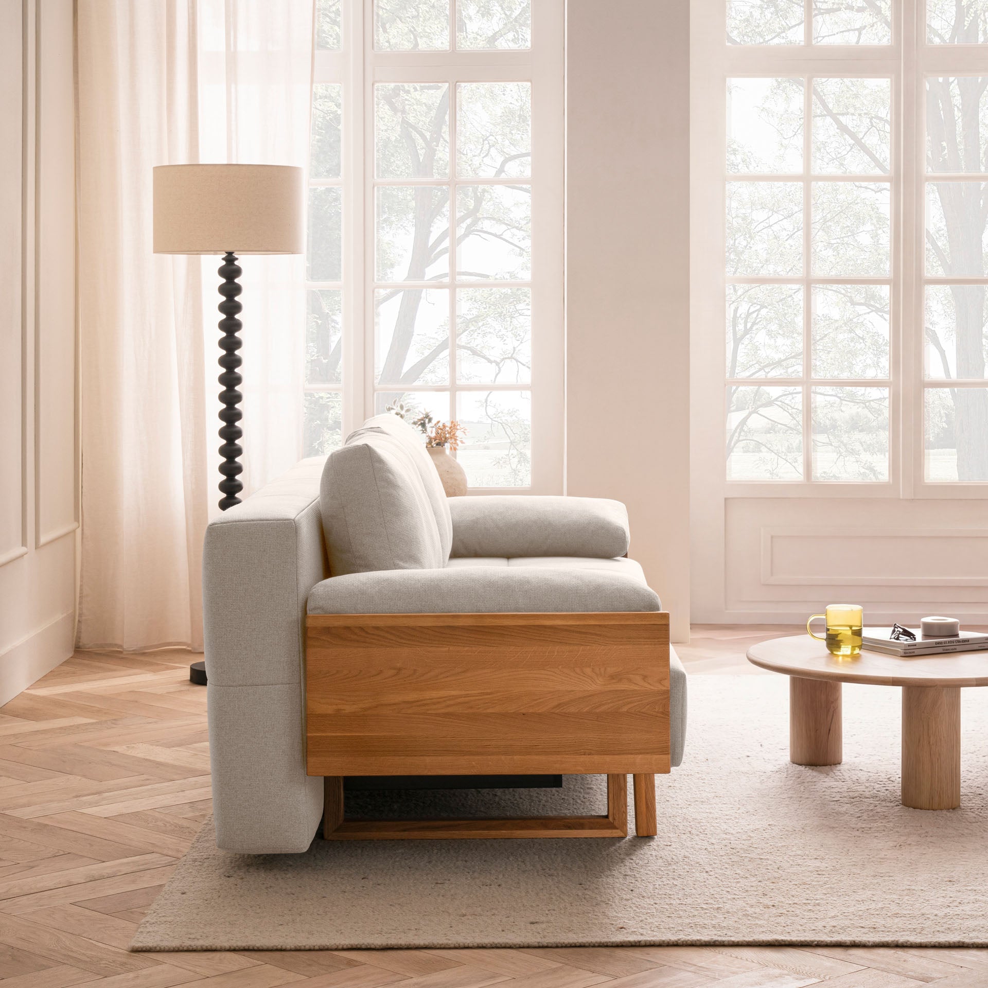 [SKU:1TAMINO203BEISB] Schlafsofa Beige Holzfüße Sofa mit Schlaffunktion Schlafcouch Bettkasten Schlafsofa mit Bettkasten