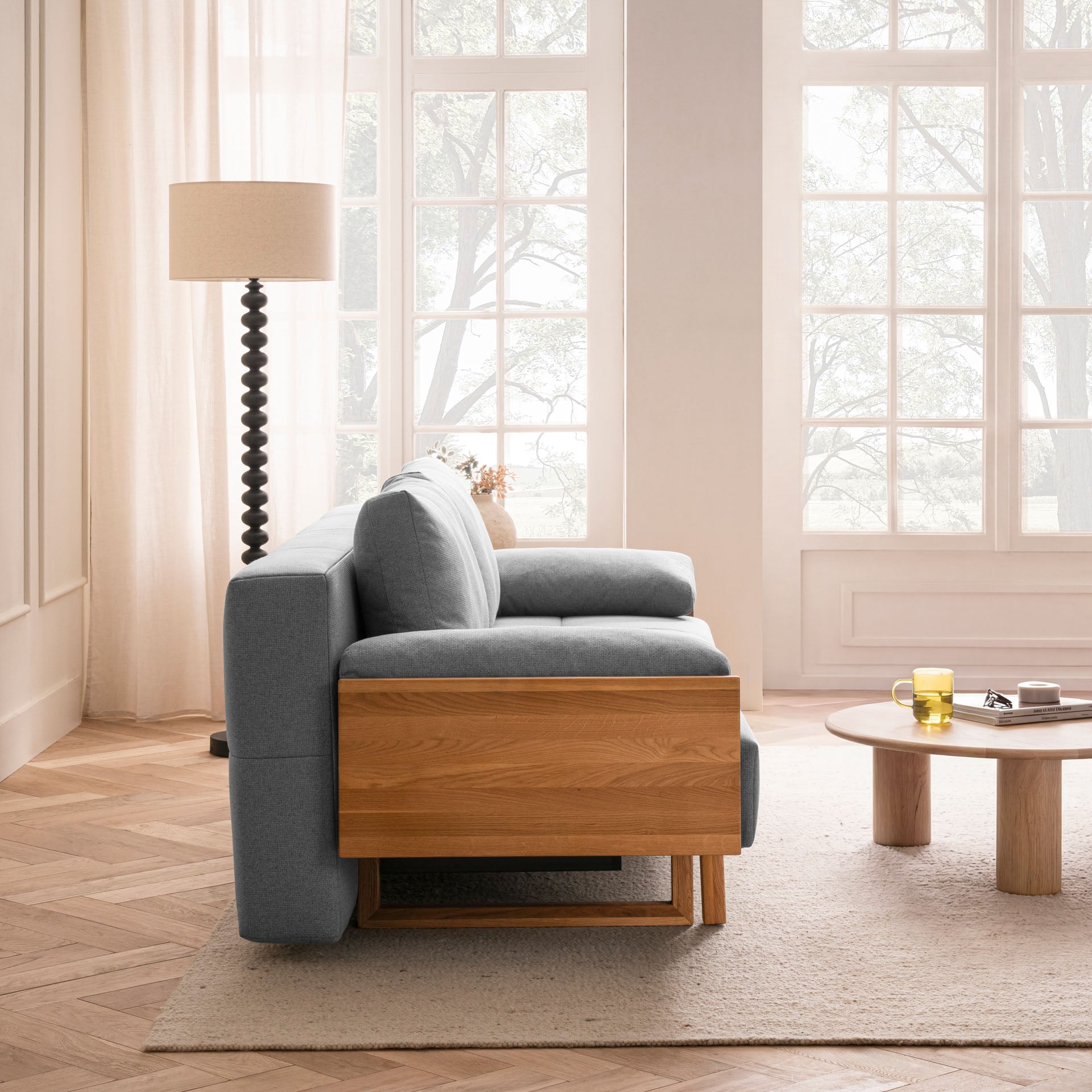 [SKU:1TAMINO203HGRSB] Schlafsofa Hellgrau Holzfüße Sofa mit Schlaffunktion Schlafcouch Bettkasten Schlafsofa mit Bettkasten