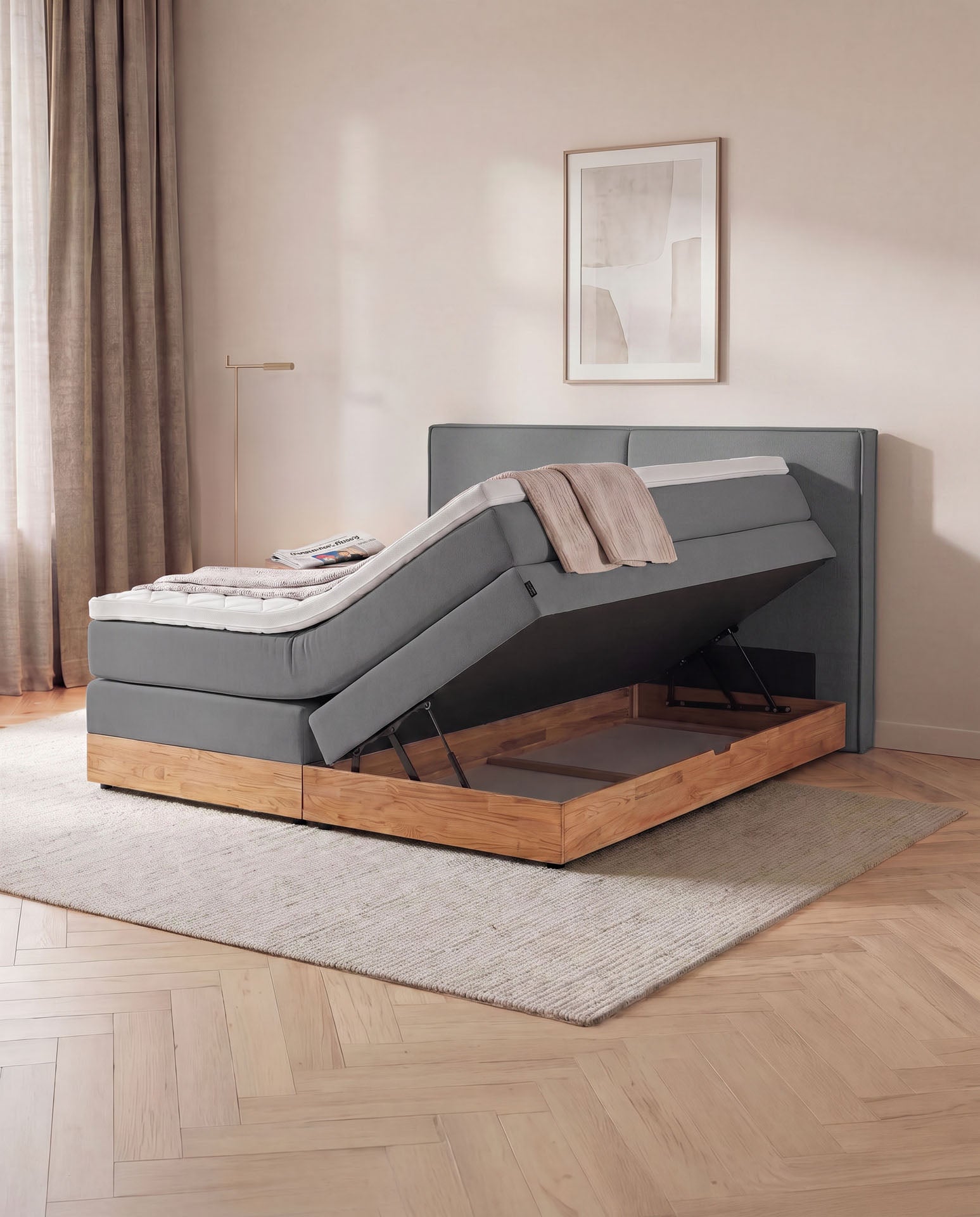 Boxspringbett mit Bettkasten Eiche 160x200 180x200 200x200 Anthrazit Bett Stauraum Holzrahmen Polsterbett Doppelbett