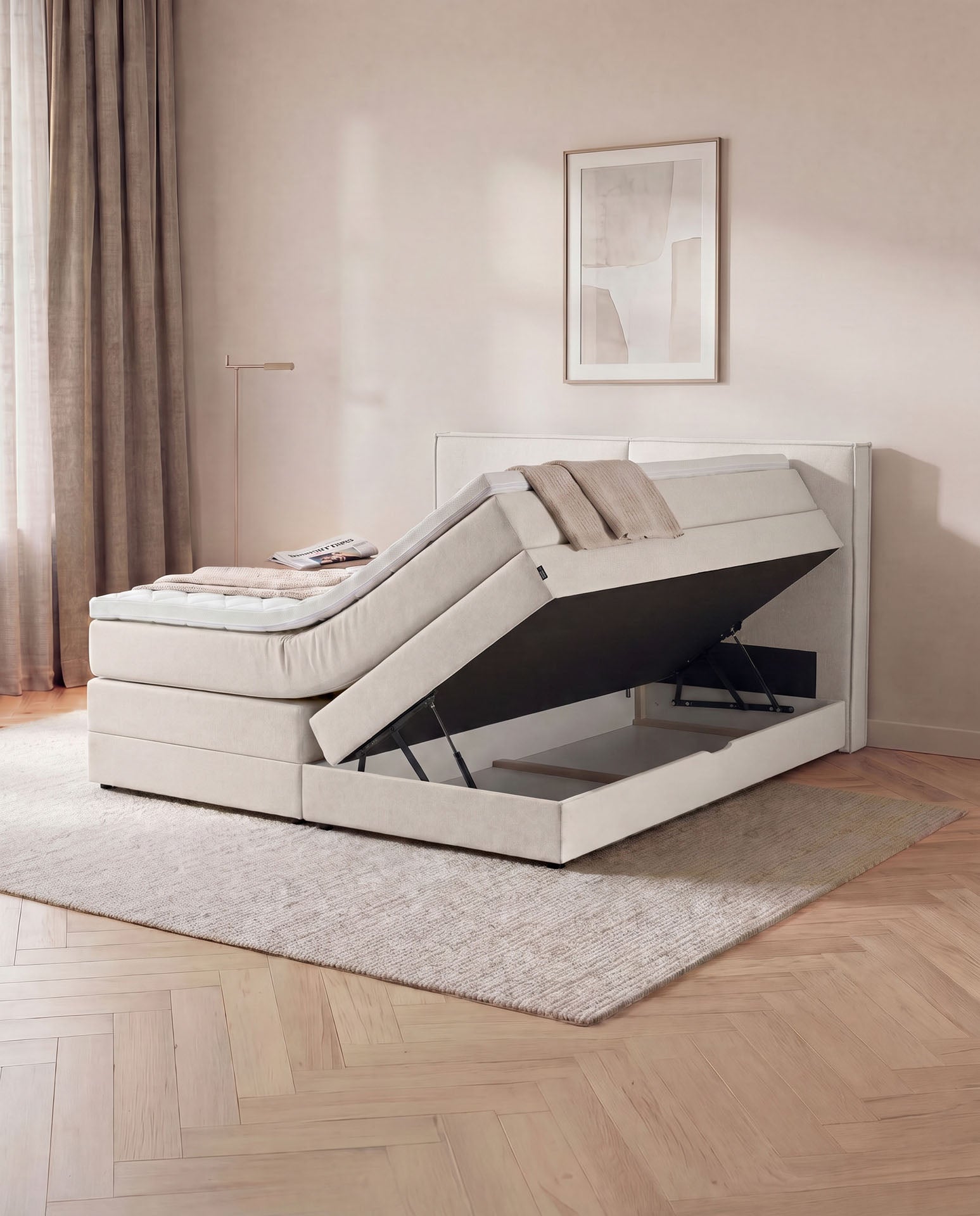 Boxspringbett mit Bettkasten 160x200 180x200 200x200 Beige Bett Stauraum Polsterbett Doppelbett Boxspring Bett
