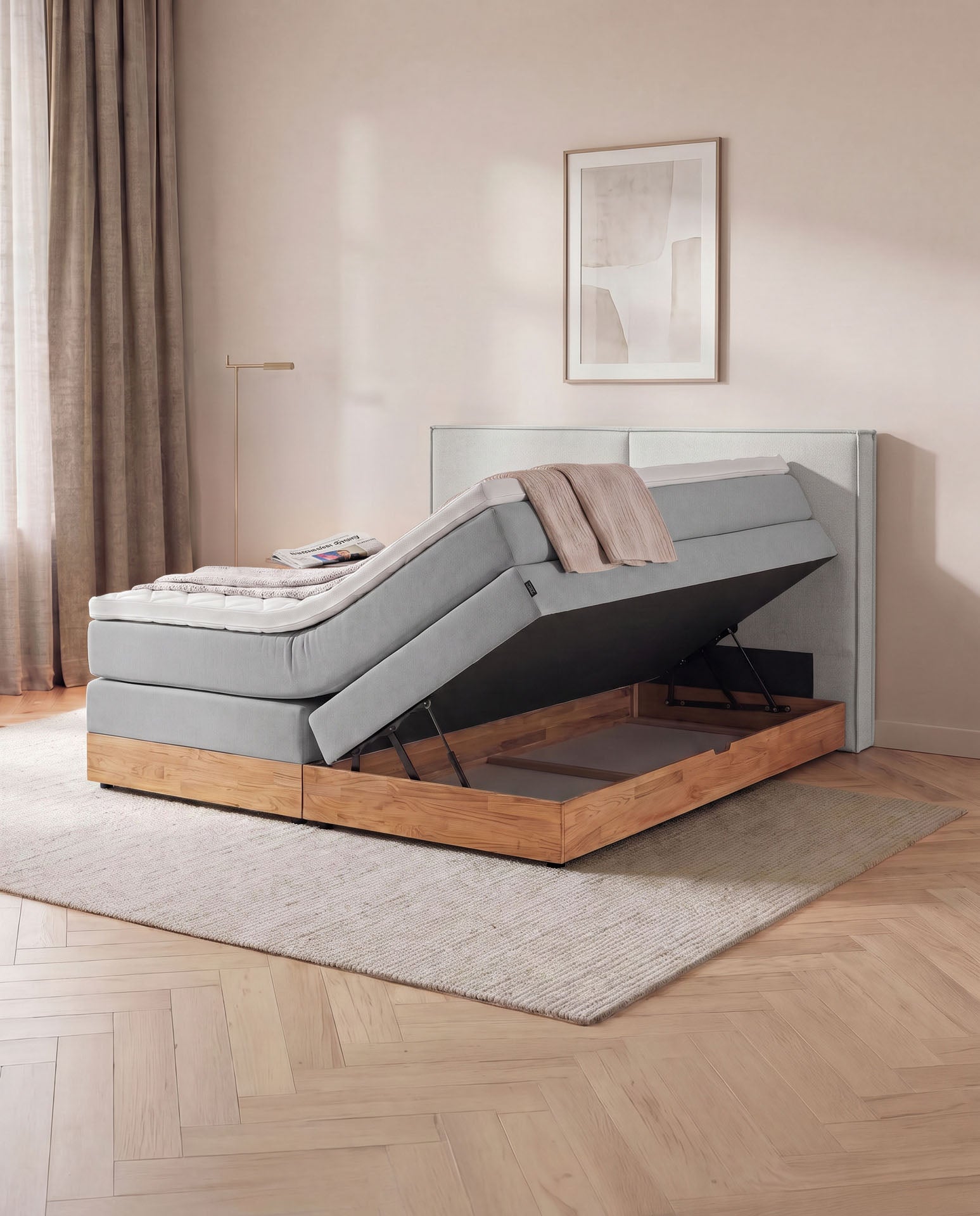 Boxspringbett mit Bettkasten Eiche 160x200 180x200 200x200 Hellgrau Bett Stauraum Holzrahmen Polsterbett Doppelbett