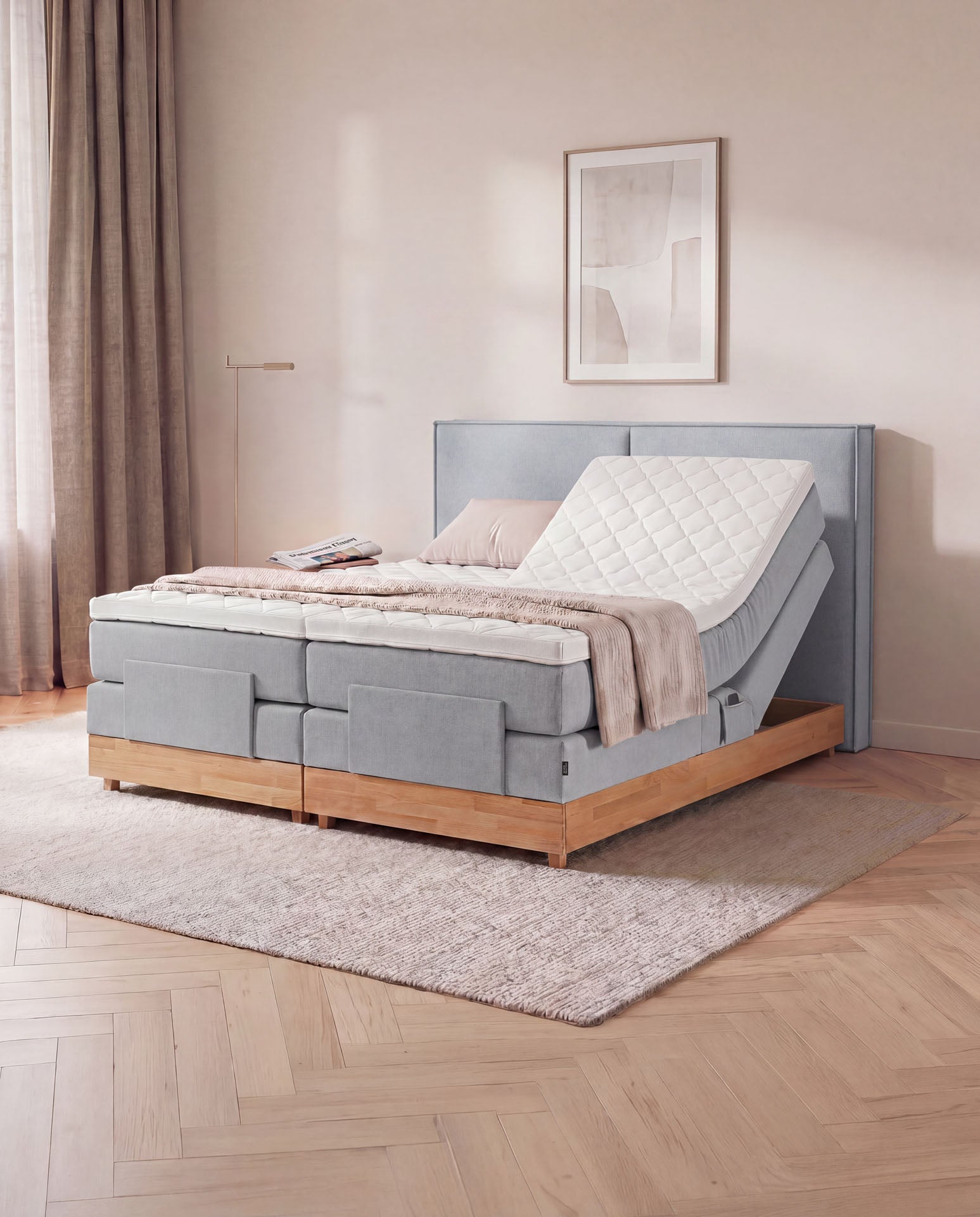 Boxspringbett elektrisch verstellbar Eiche 160x200 180x200 200x200 Hellgrau Motorbett Bett mit Motor Holzrahmen Doppelbett