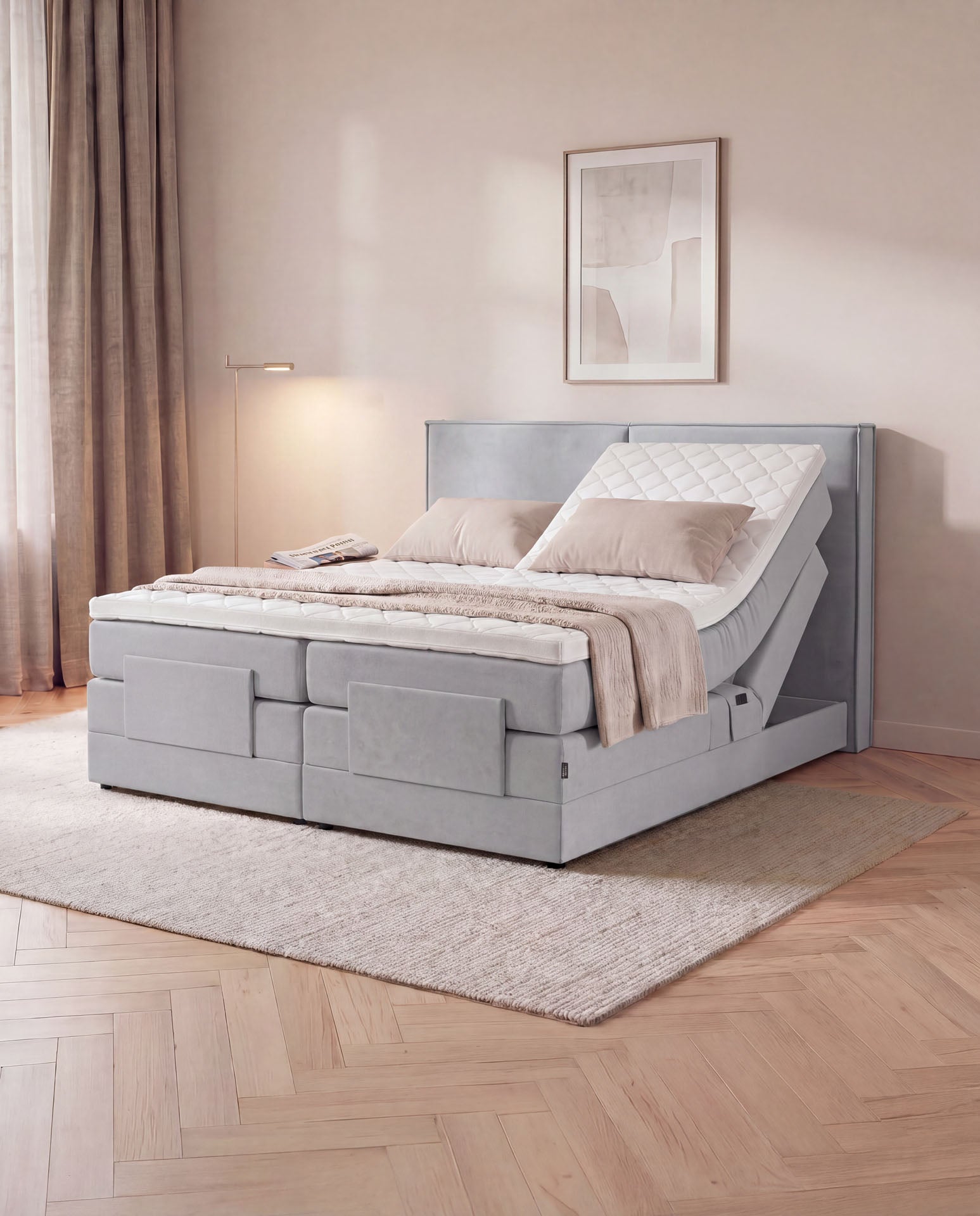 Boxspringbett elektrisch verstellbar 160x200 180x200 200x200 Hellgrau Motorbett Bett mit Motor Polsterbett Doppelbett