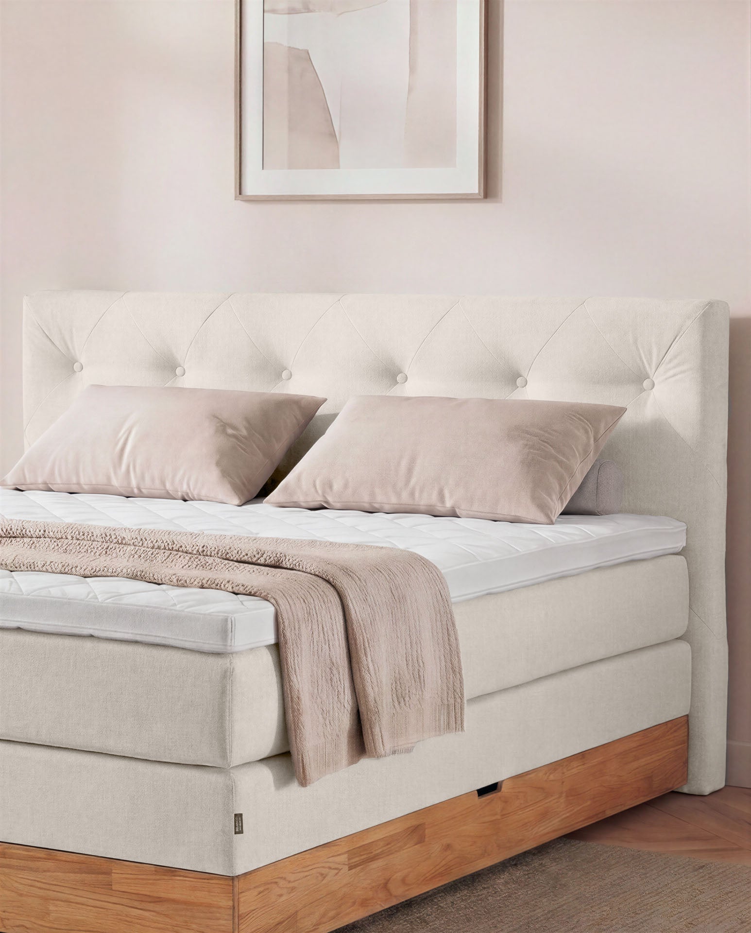 Boxspringbett 160x200 180x200 200x200 Beige Bett Bettkasten Eiche Holz Polsterbett Doppelbett Stauraumbett Bett mit Holzrahmen Schlafzimmer