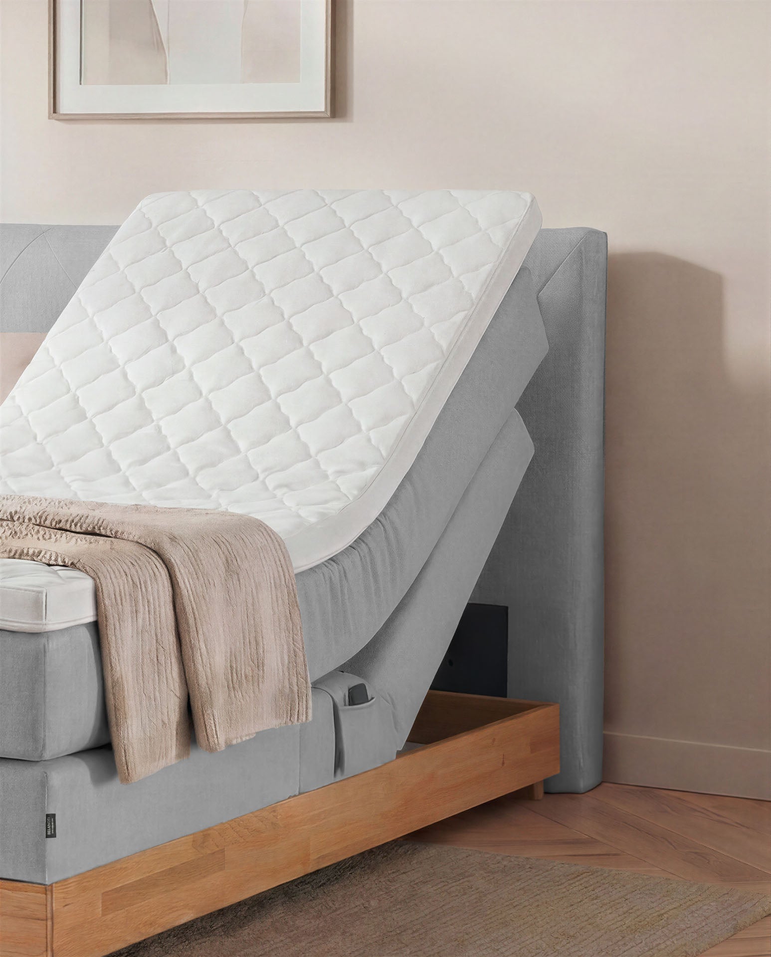 Boxspringbett 160x200 180x200 200x200 Hellgrau Bett elektrisch verstellbar Eiche Holz Motorbett Bett mit Motor Polsterbett Doppelbett Bett verstellbar Schlafzimmer