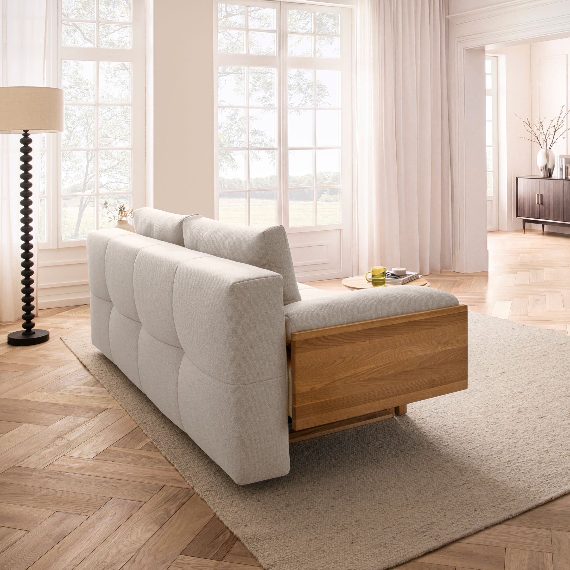[SKU:1TAMINO203BEISB] Schlafsofa Beige Holzfüße Sofa mit Schlaffunktion Schlafcouch Bettkasten Schlafsofa mit Bettkasten
