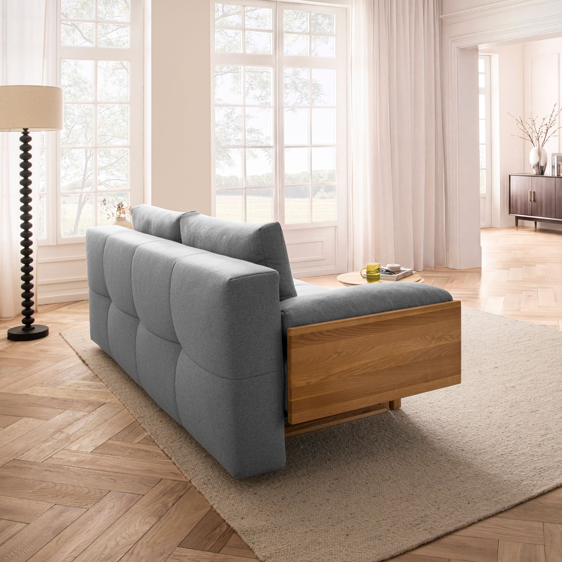 [SKU:1TAMINO203HGRSB] Schlafsofa Hellgrau Holzfüße Sofa mit Schlaffunktion Schlafcouch Bettkasten Schlafsofa mit Bettkasten