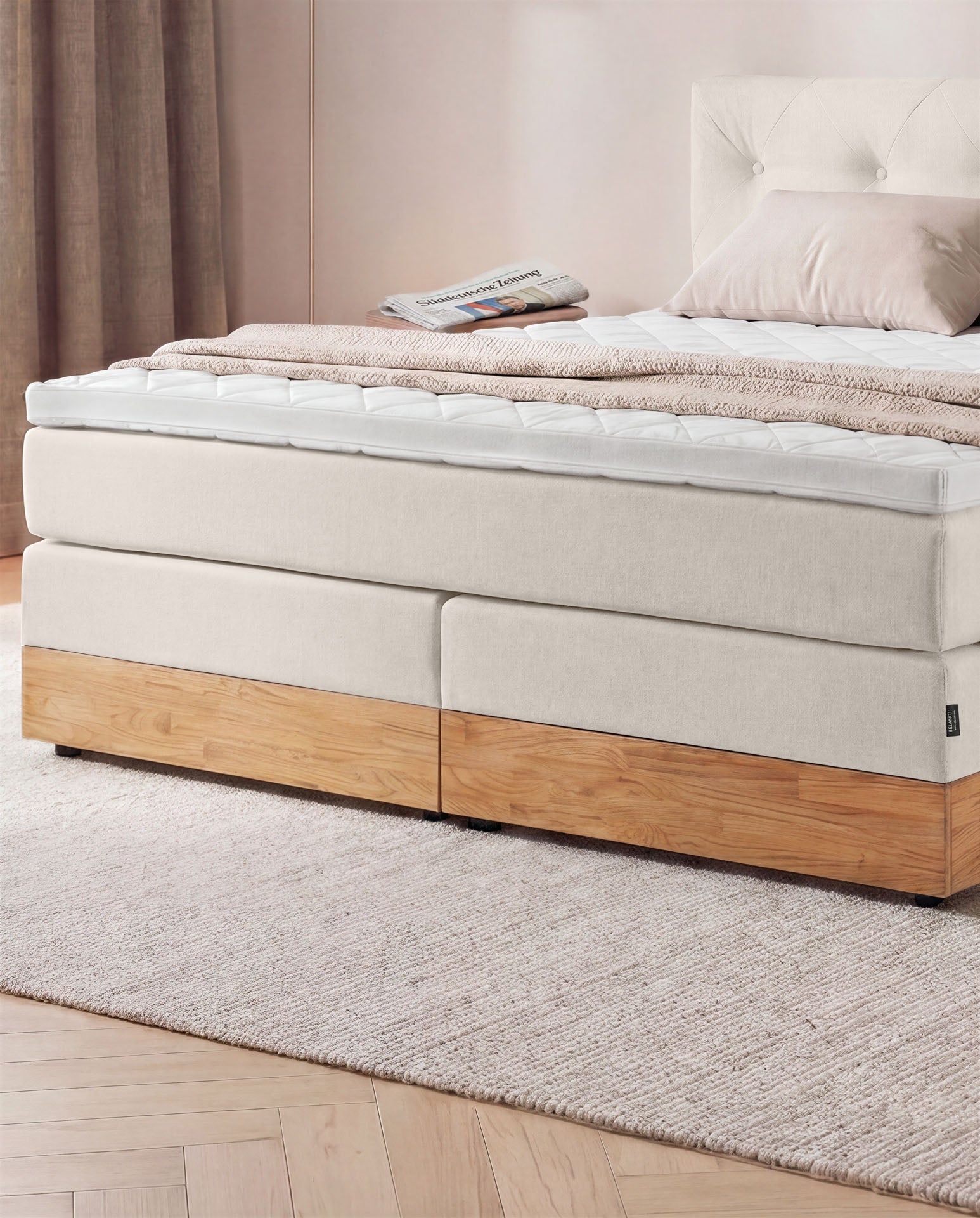 Boxspringbett 160x200 180x200 200x200 Beige Bett Bettkasten Eiche Holz Polsterbett Doppelbett Stauraumbett Bett mit Holzrahmen Schlafzimmer
