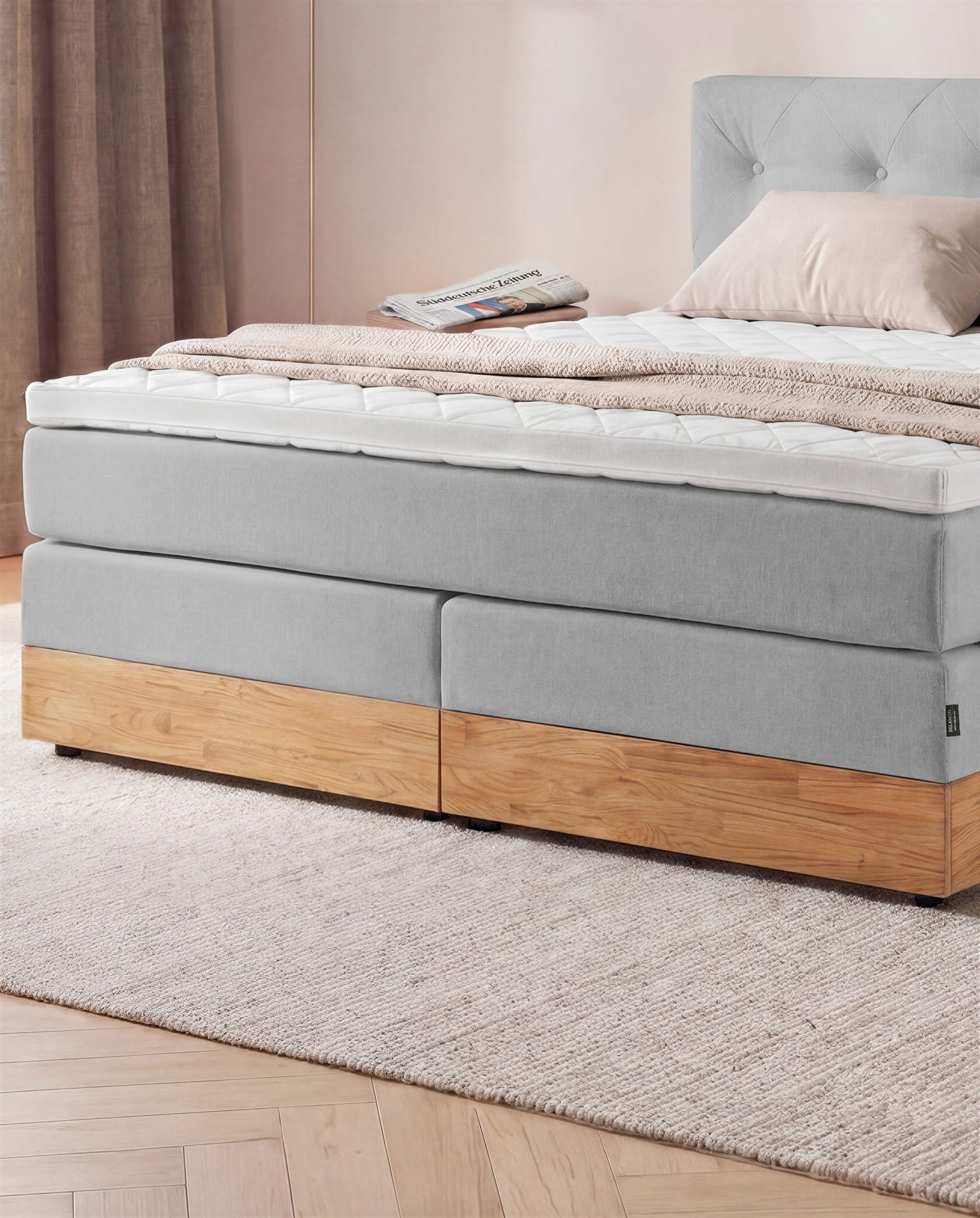 Boxspringbett 160x200 180x200 200x200 Hellgrau Bett Bettkasten Eiche Holz Polsterbett Doppelbett Stauraumbett Bett mit Holzrahmen Schlafzimmer