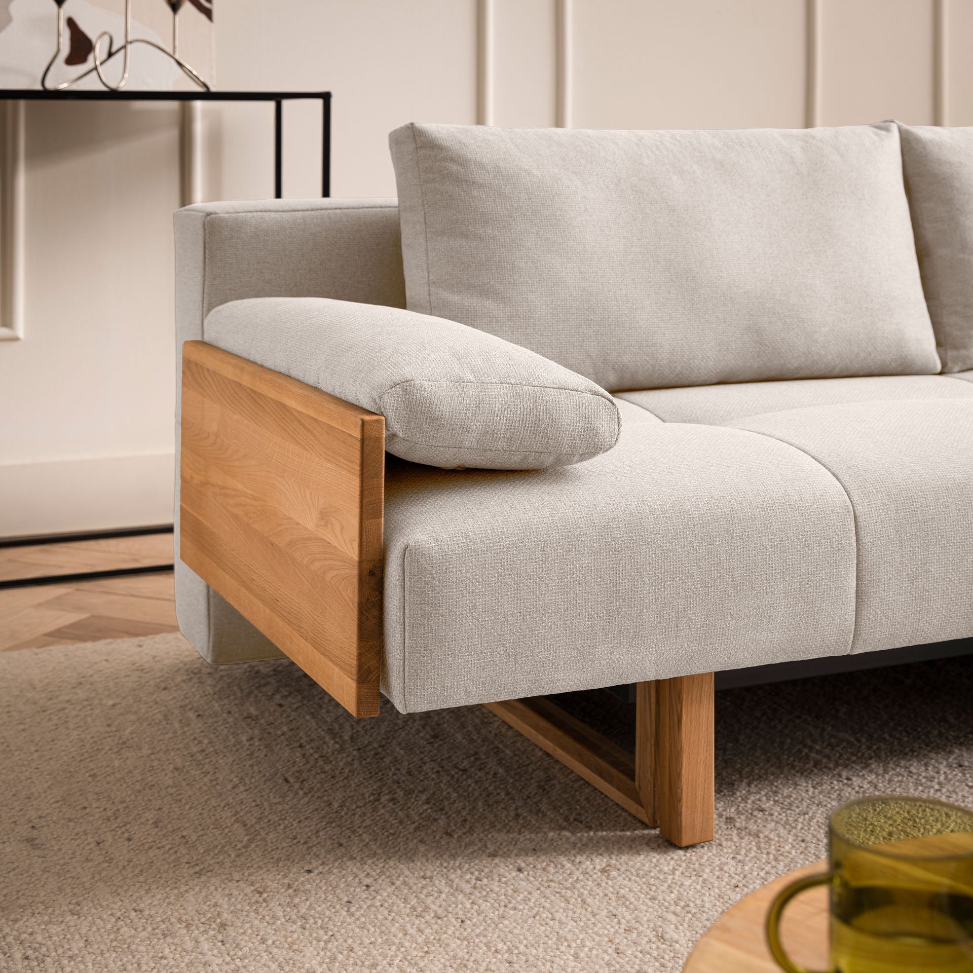 [SKU:1TAMINO203BEISB] Schlafsofa Beige Holzfüße Sofa mit Schlaffunktion Schlafcouch Bettkasten Schlafsofa mit Bettkasten