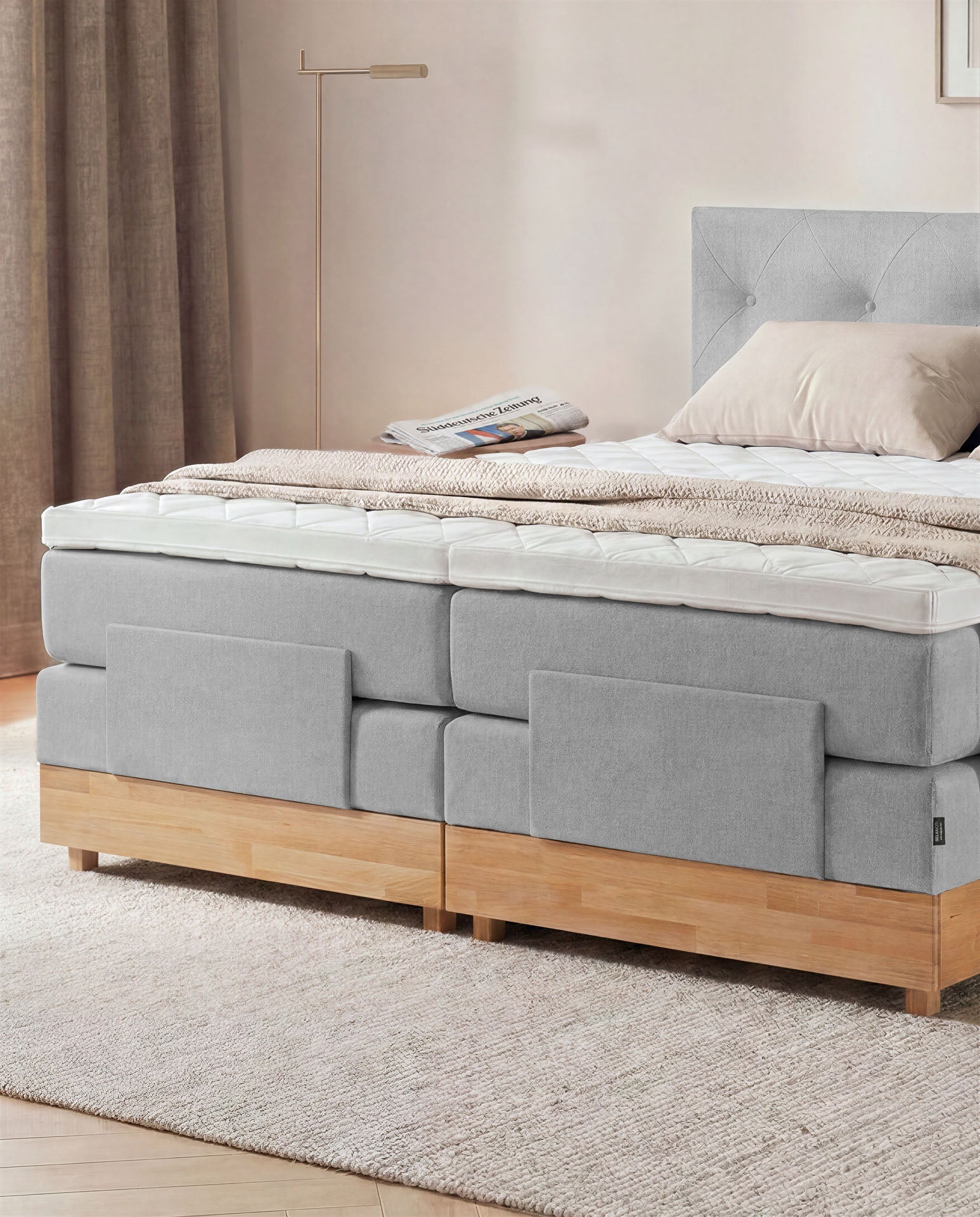 Boxspringbett 160x200 180x200 200x200 Hellgrau Bett elektrisch verstellbar Eiche Holz Motorbett Bett mit Motor Polsterbett Doppelbett Bett verstellbar Schlafzimmer
