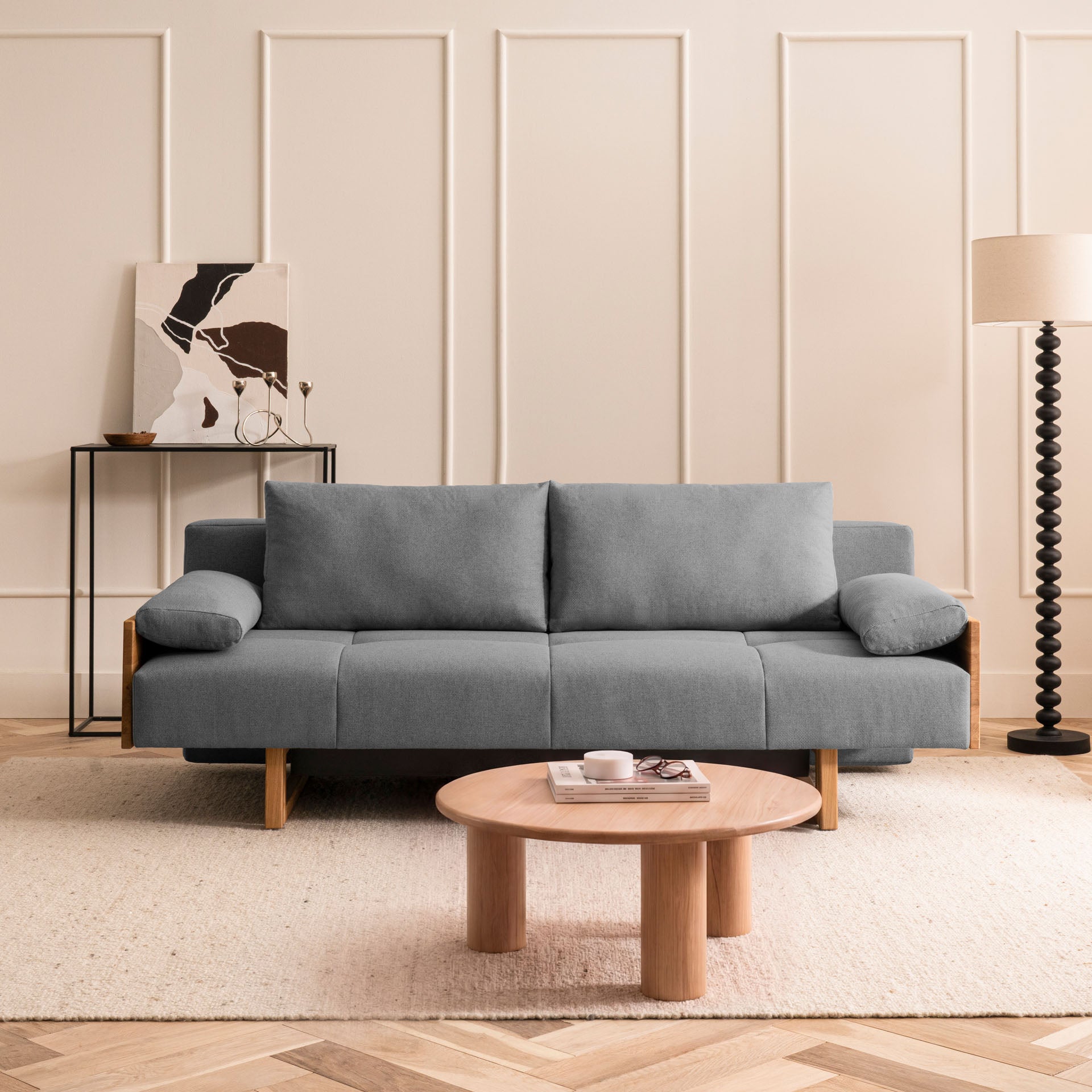 [SKU:1TAMINO203ANTSB] Schlafsofa Anthrazit Holzfüße Sofa mit Schlaffunktion Schlafcouch Bettkasten Schlafsofa mit Bettkasten