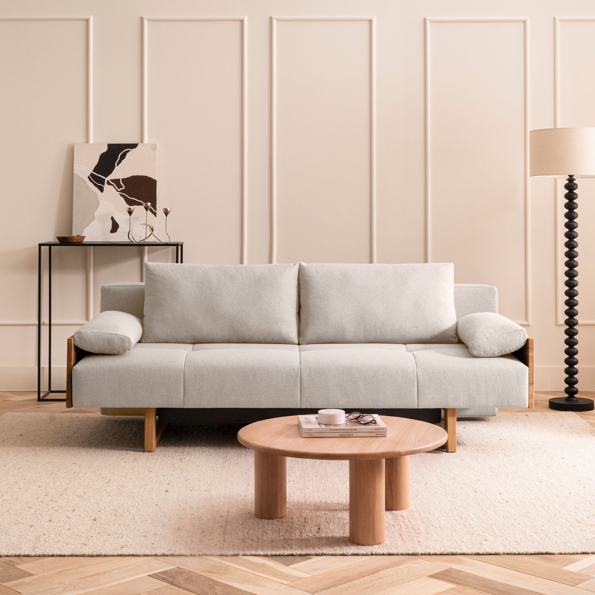 [SKU:1TAMINO203BEISB] Schlafsofa Beige Holzfüße Sofa mit Schlaffunktion Schlafcouch Bettkasten Schlafsofa mit Bettkasten