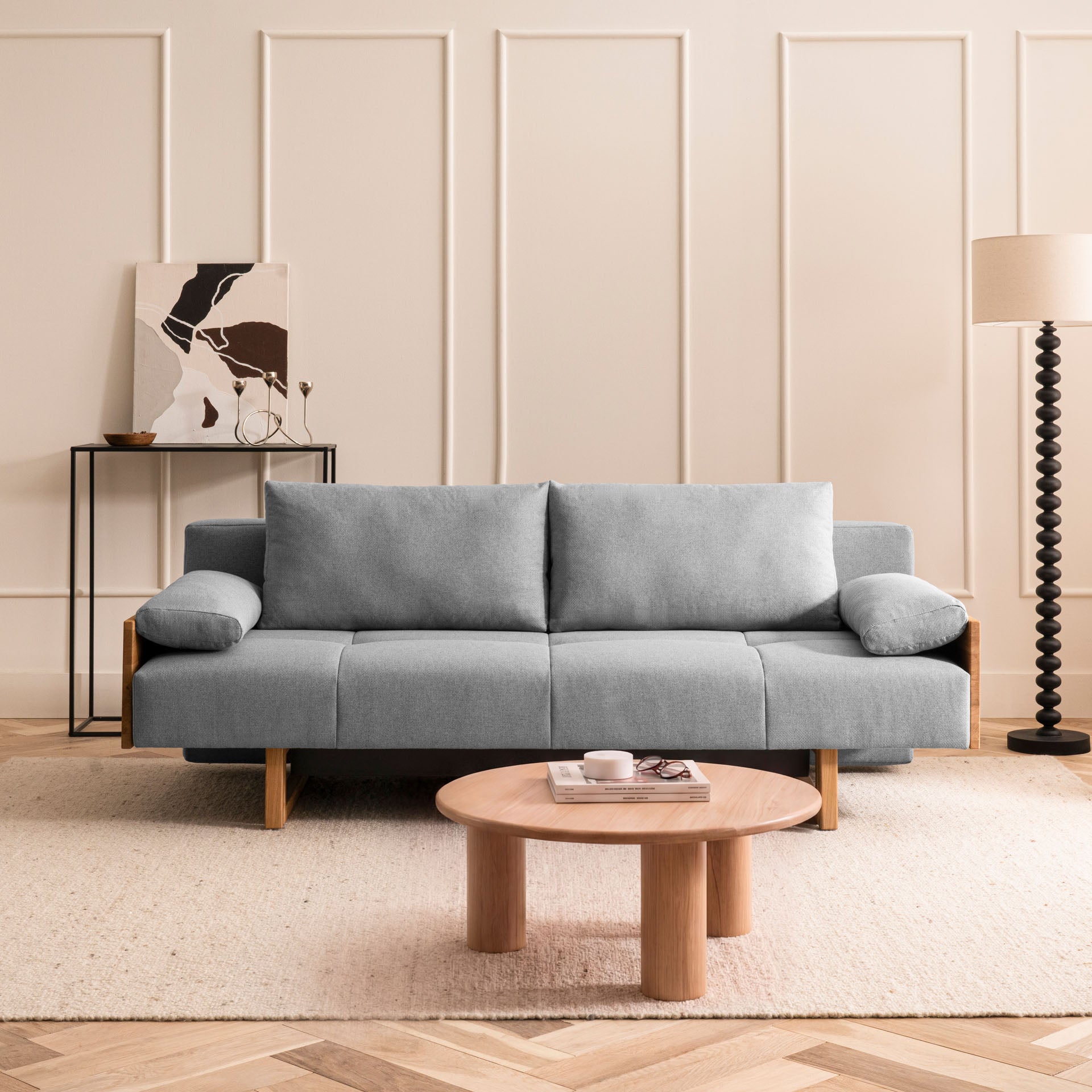 [SKU:1TAMINO203HGRSB] Schlafsofa Hellgrau Holzfüße Sofa mit Schlaffunktion Schlafcouch Bettkasten Schlafsofa mit Bettkasten