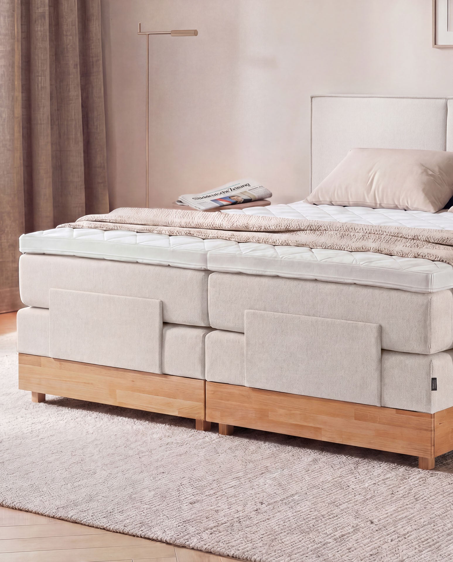 Boxspringbett elektrisch verstellbar Eiche 160x200 180x200 200x200 Beige Motorbett Bett mit Motor Holzrahmen Doppelbett